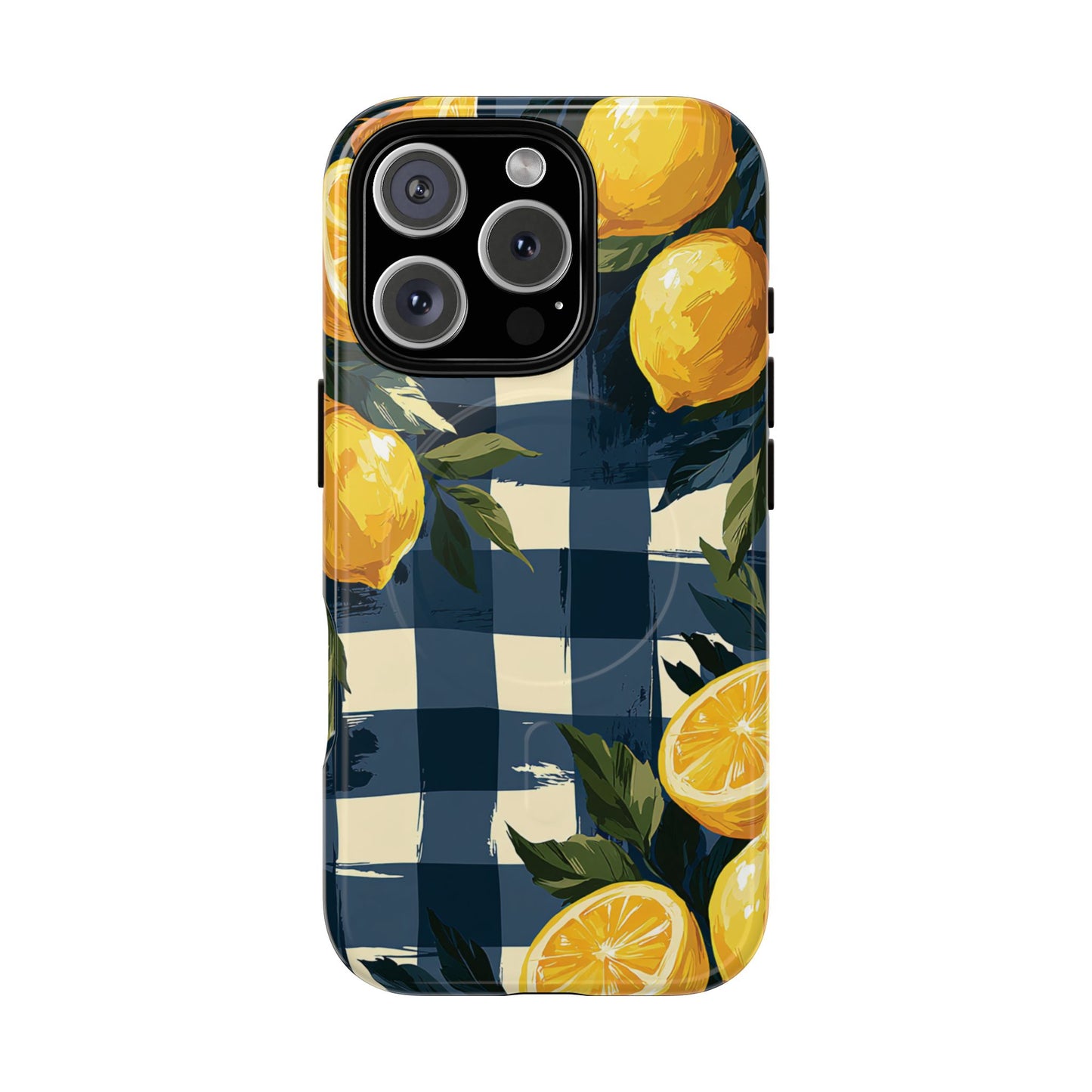 Lemon Check Tough Magnetic Phone Case — Blue Gingham Citrus Design
