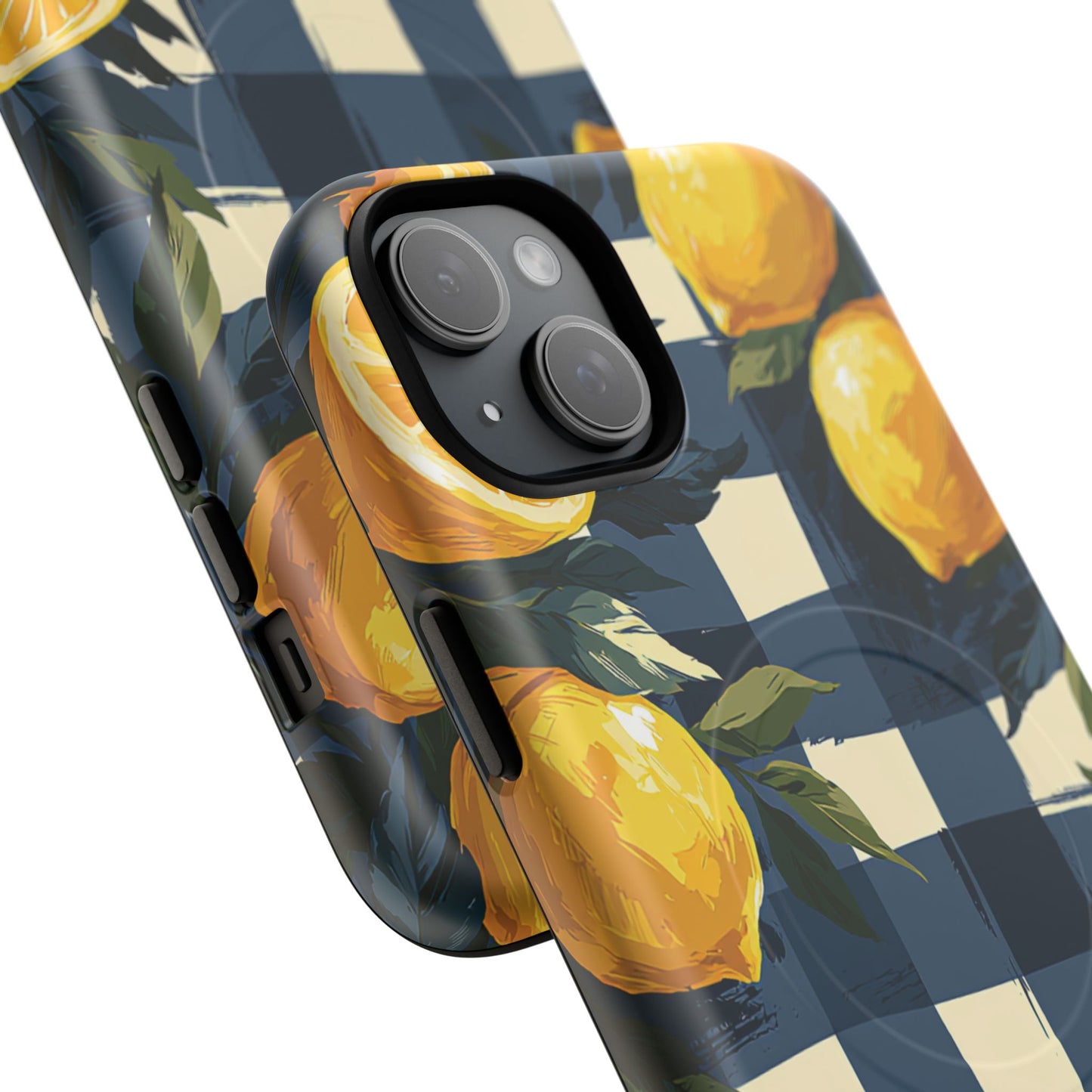 Lemon Check Tough Magnetic Phone Case — Blue Gingham Citrus Design