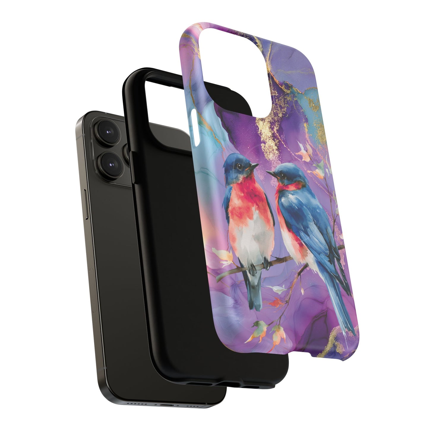 Bird Pair Tough Magnetic Phone Case — Purple Watercolor Floral Design