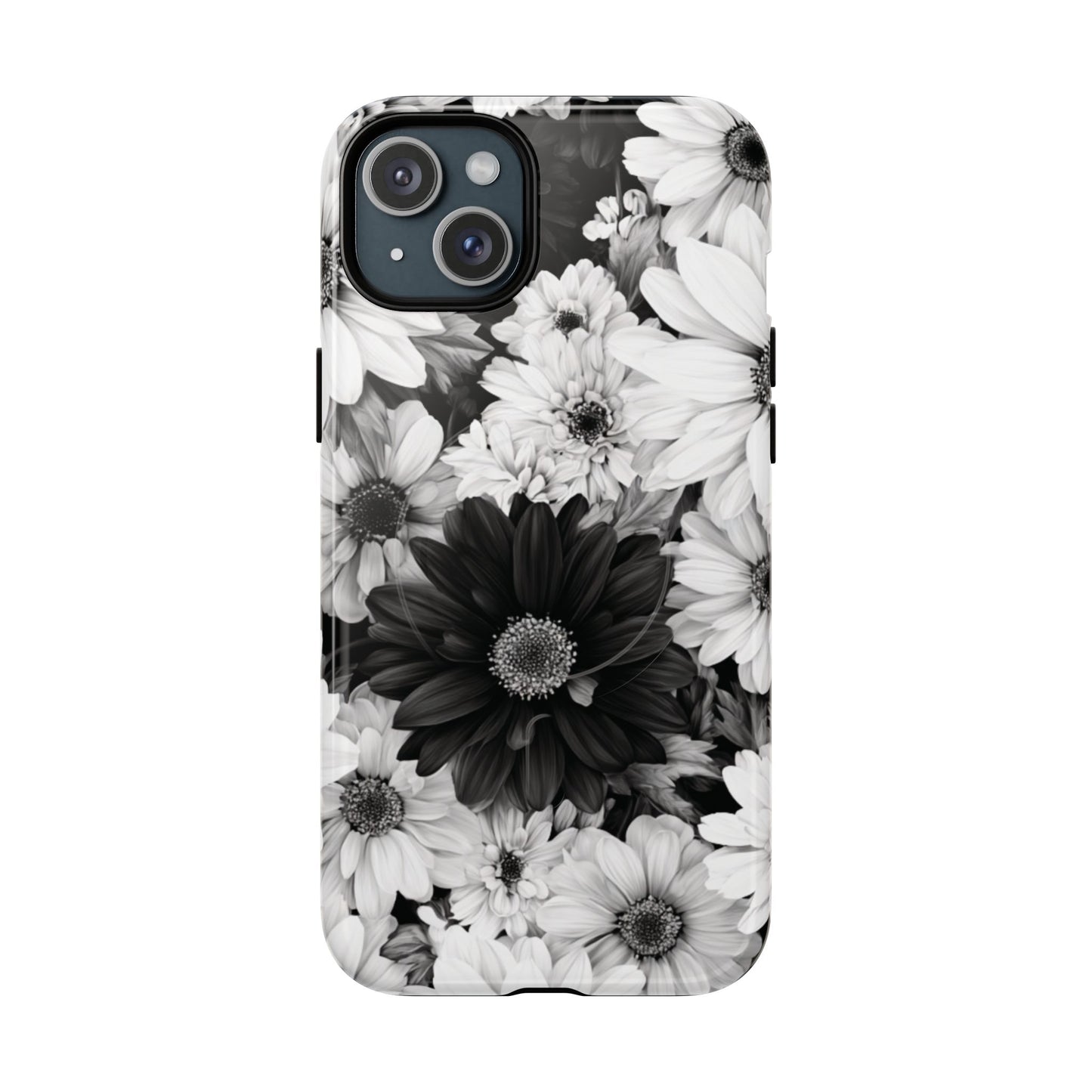Black & White Floral Tough Magnetic Phone Case — Monochrome Daisy Protection