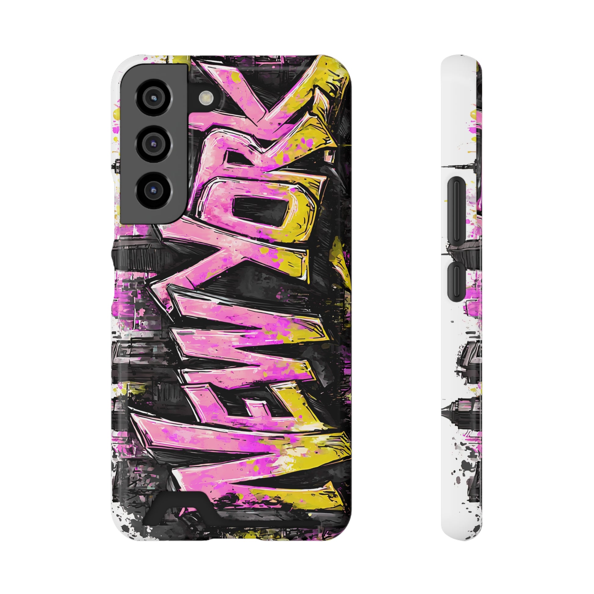 Vibrant urban graffiti phone case with card holder featuring New York street art 3D wrap design