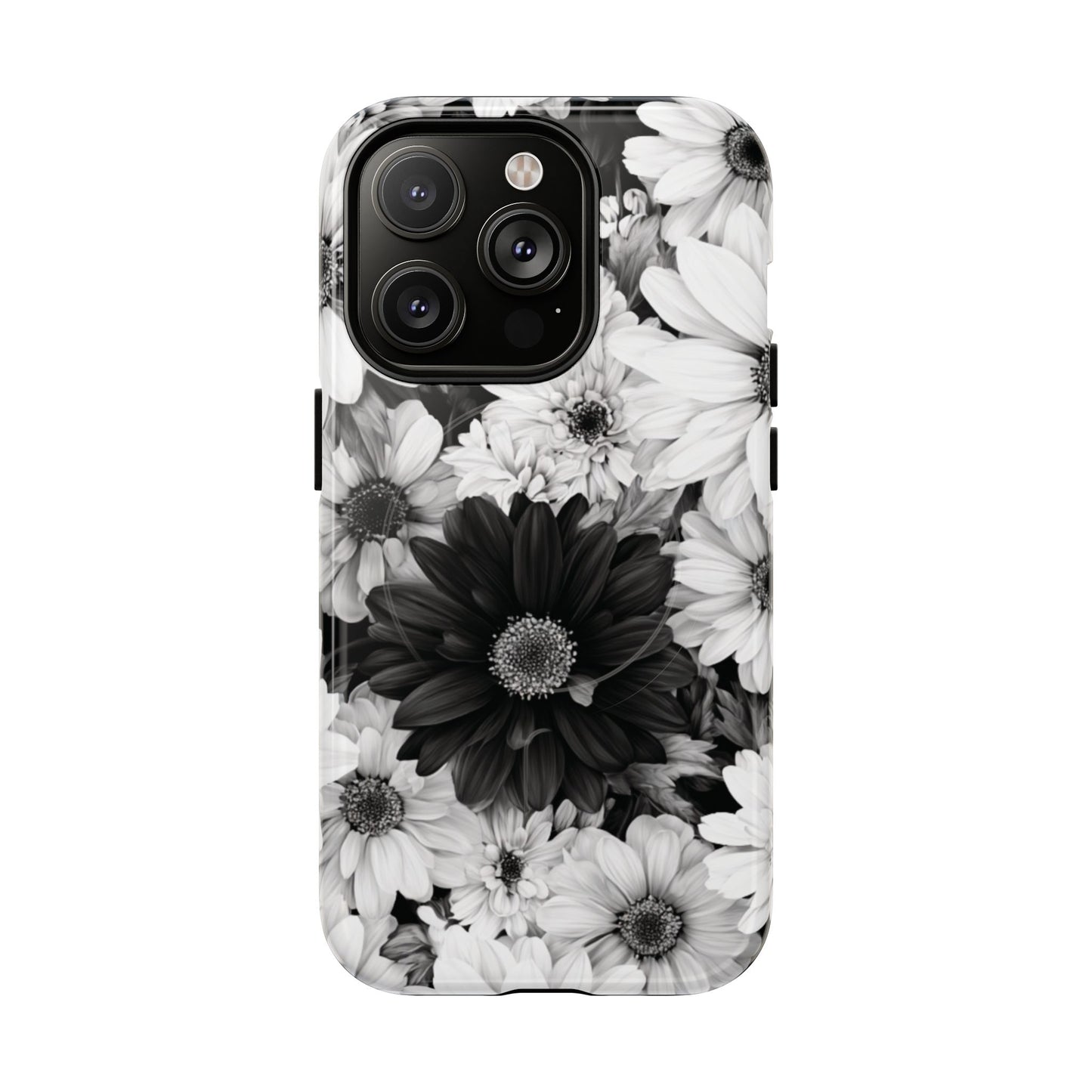 Black & White Floral Tough Magnetic Phone Case — Monochrome Daisy Protection