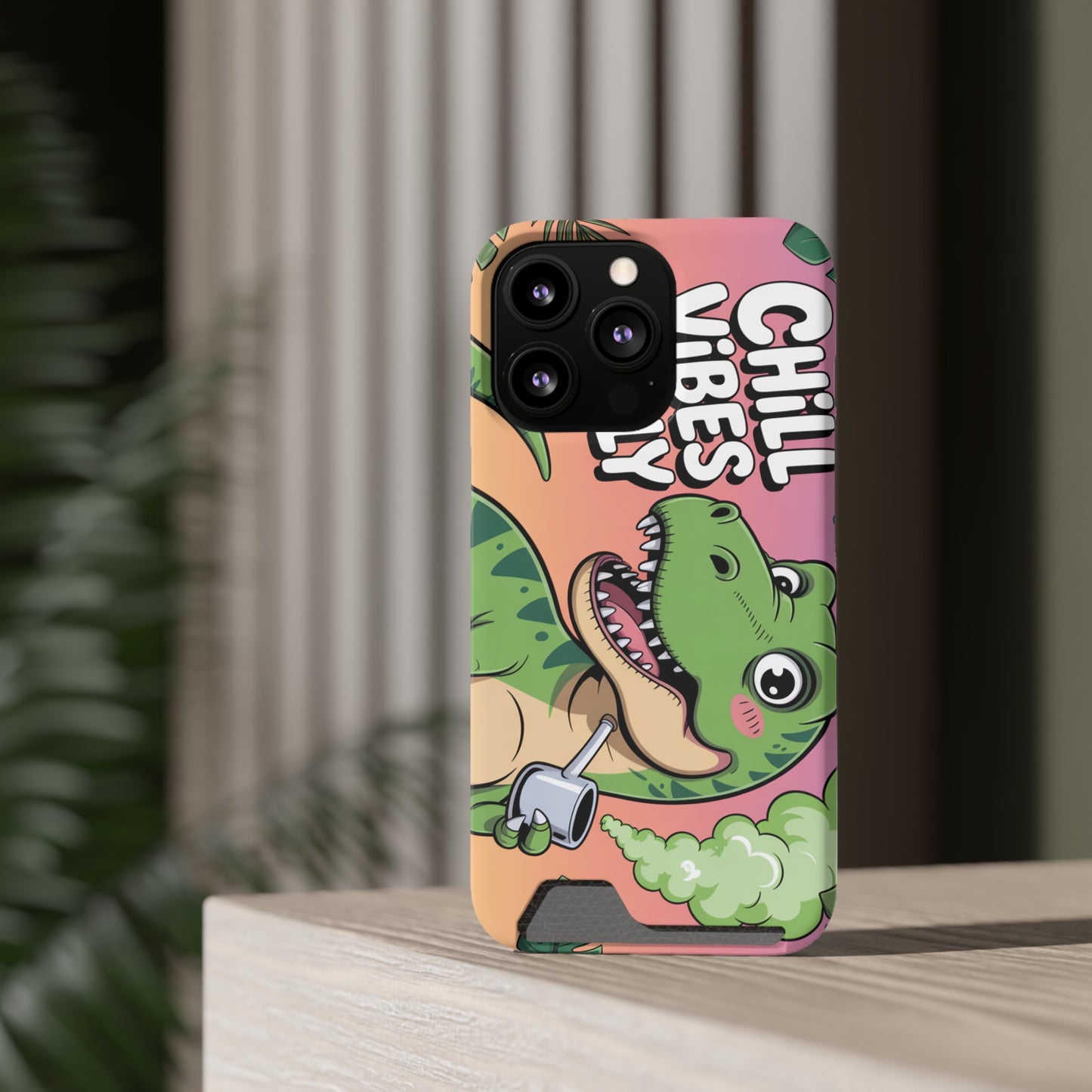 Chill Vibes Phone Case with Card Holder, Fun Dino Design for Teens, Cute Gift, Summer Vibes, Trendy Accessories