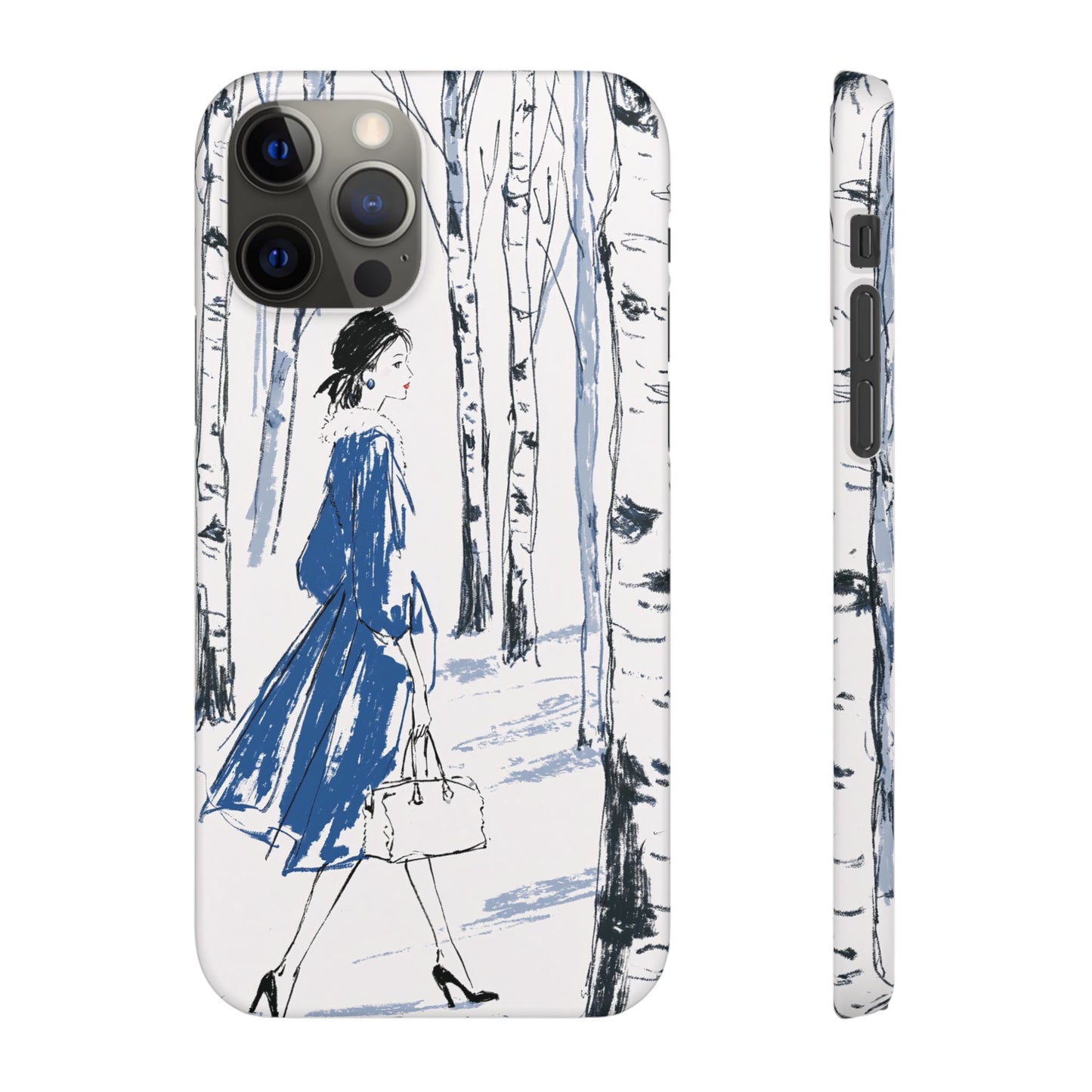 Birch Walk Phone Case — Stylish Blue Winter Illustration Snap Case