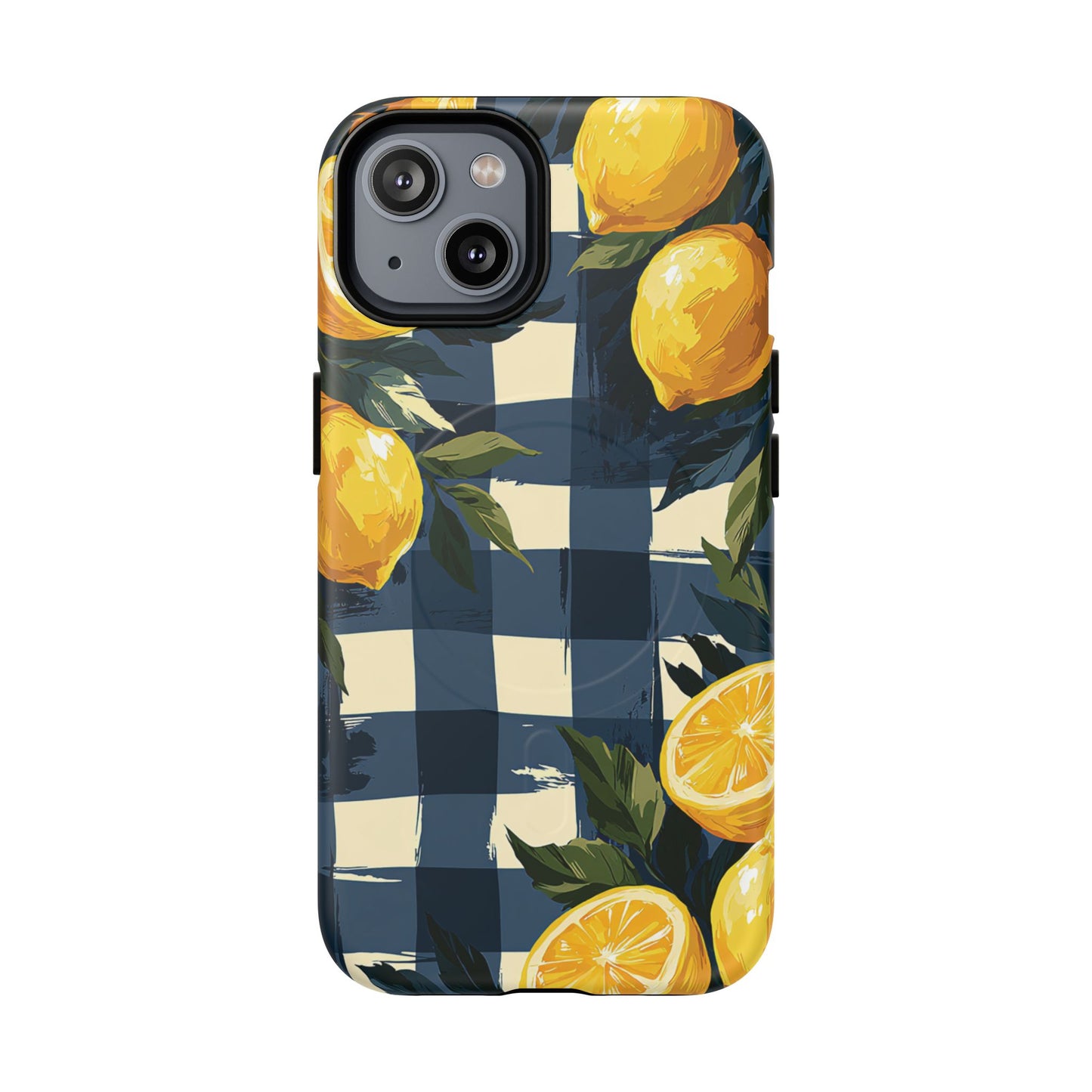 Lemon Check Tough Magnetic Phone Case — Blue Gingham Citrus Design