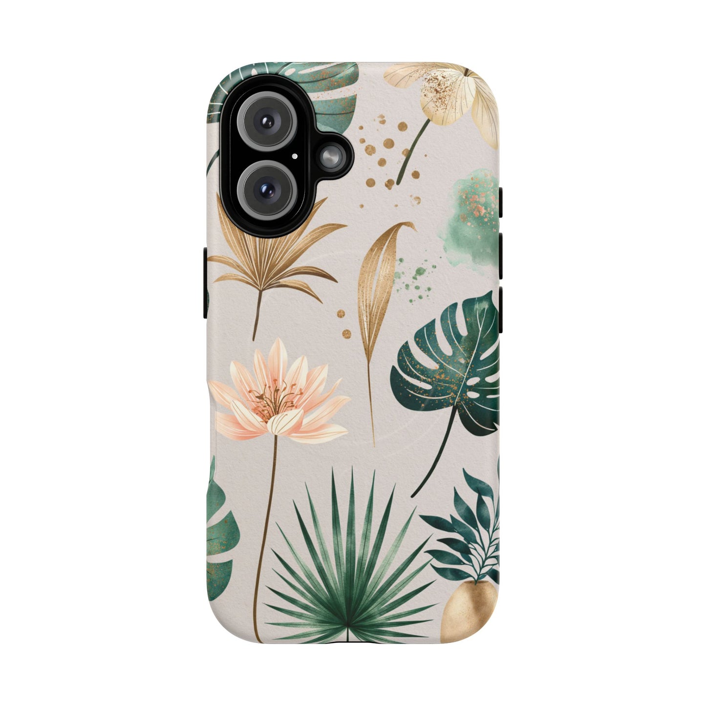 Floral Tropical Tough Magnetic Phone Case — Green Palm & Gold Leaf Design