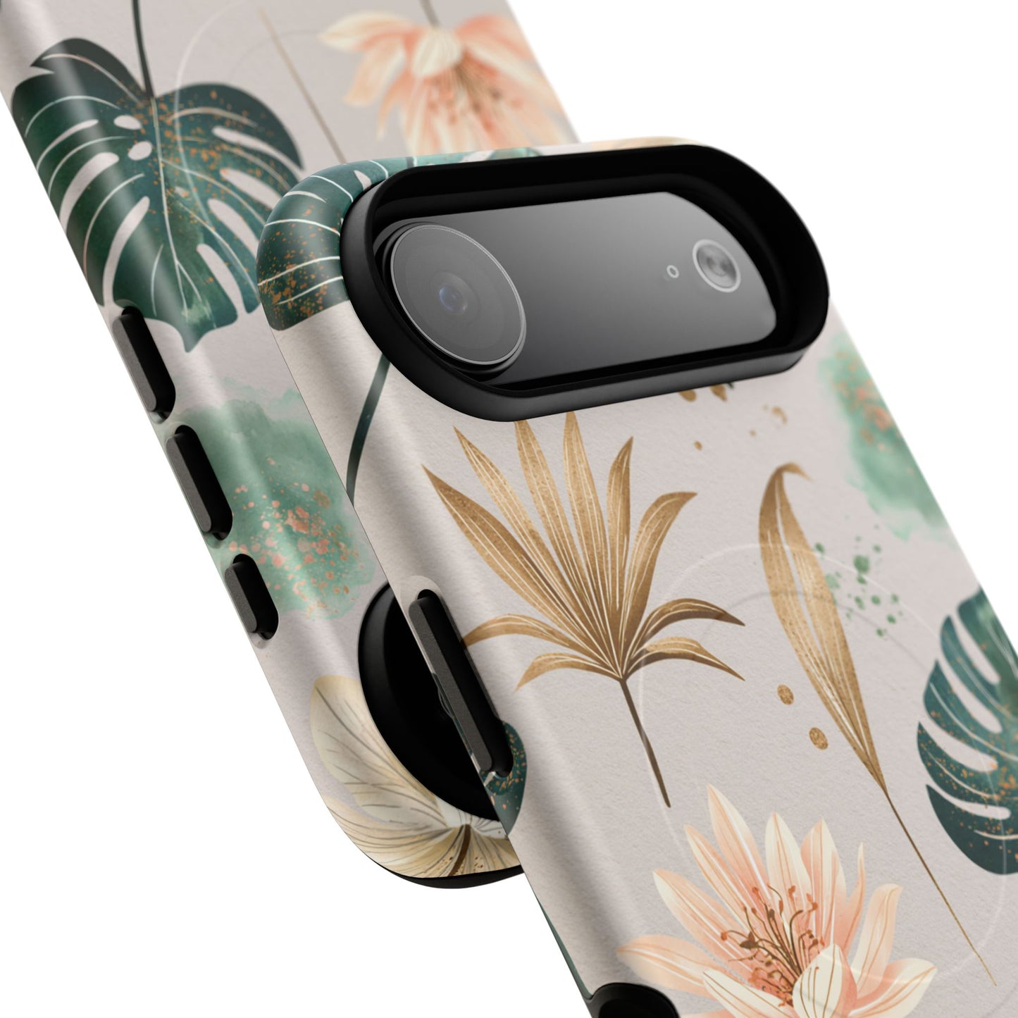 Floral Tropical Tough Magnetic Phone Case — Green Palm & Gold Leaf Design