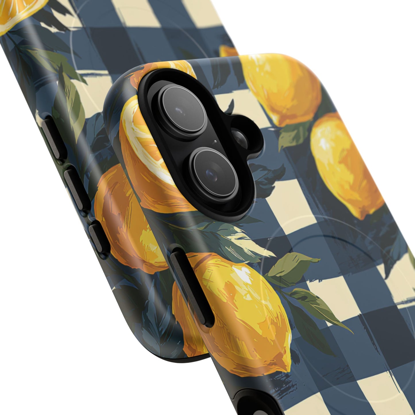 Lemon Check Tough Magnetic Phone Case — Blue Gingham Citrus Design