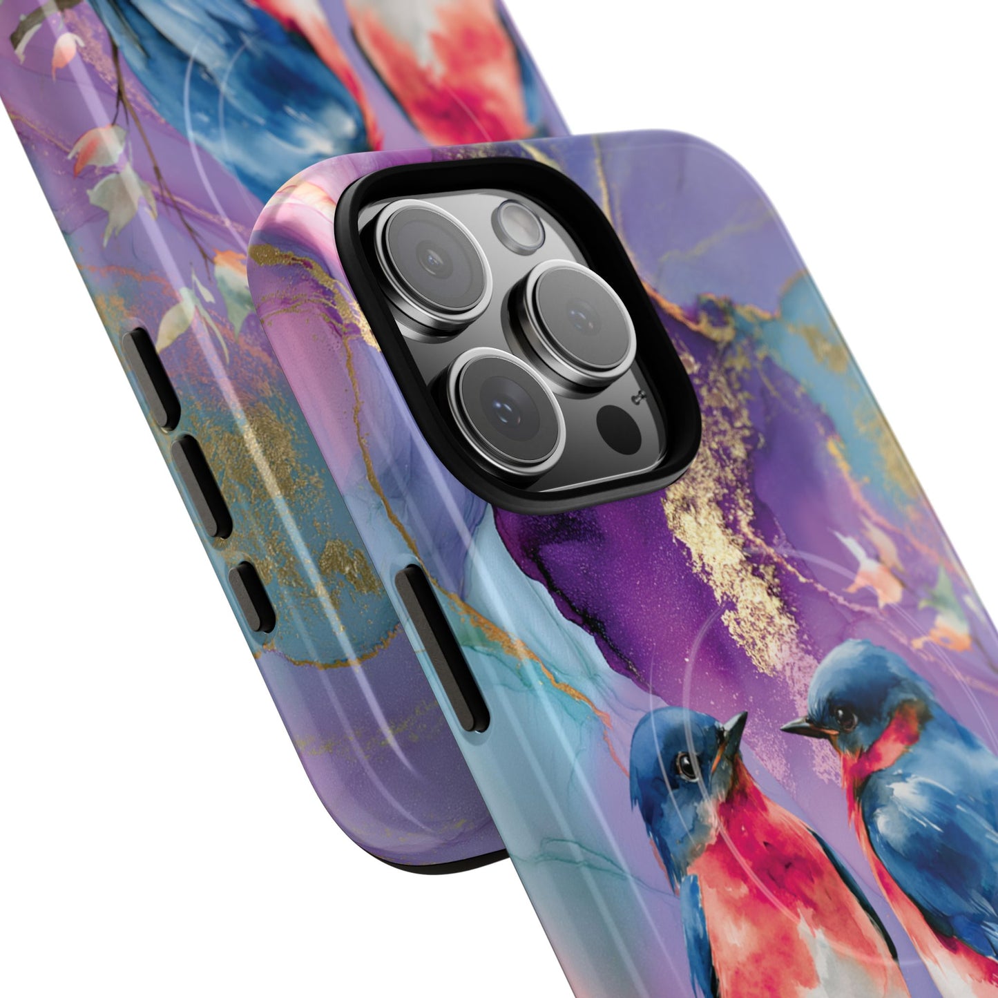 Bird Pair Tough Magnetic Phone Case — Purple Watercolor Floral Design