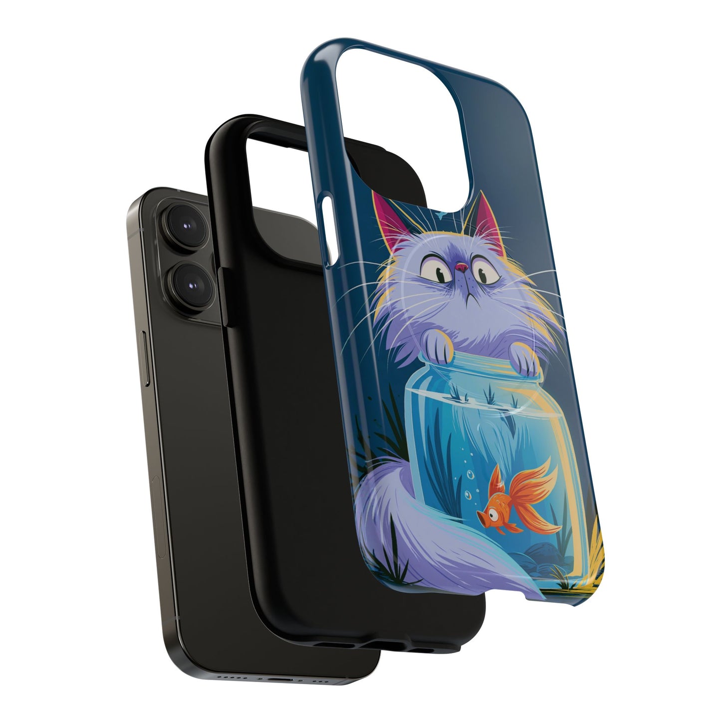Magnetic Tough Phone Case — Playful Cat & Goldfish Illustration