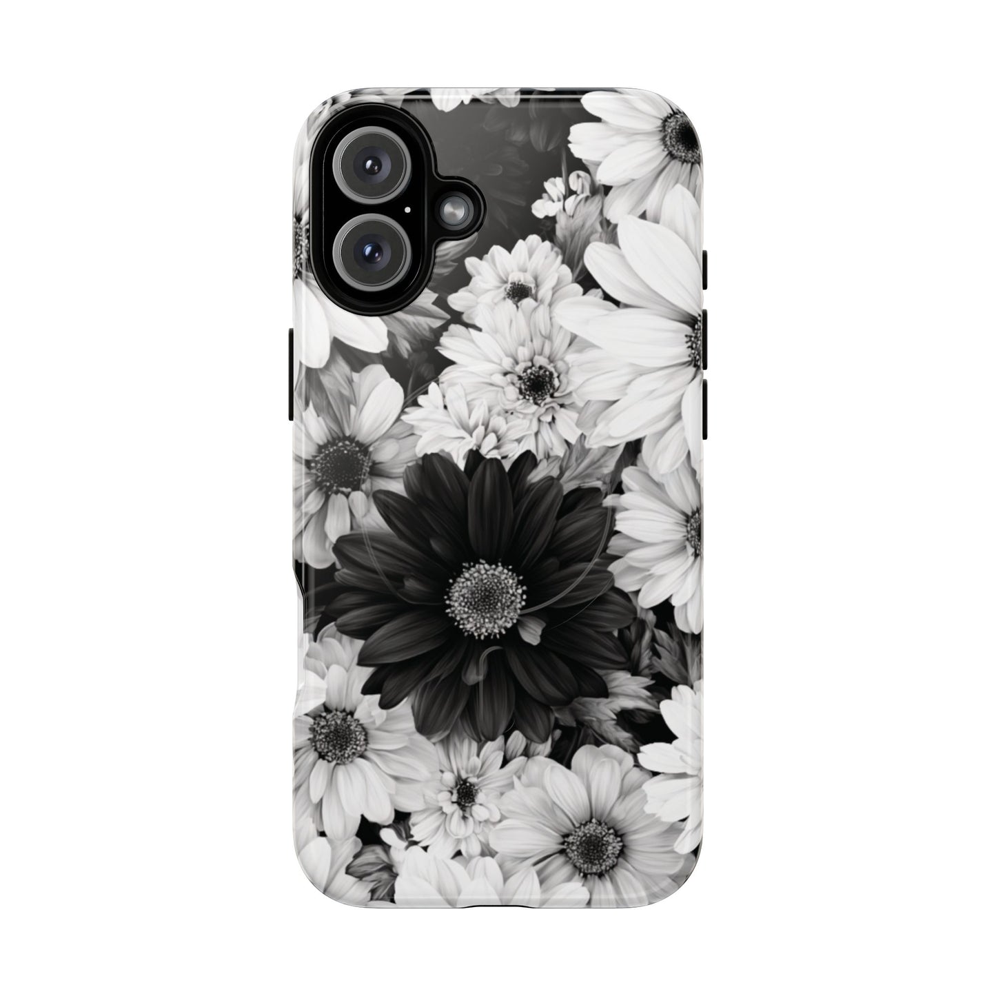 Black & White Floral Tough Magnetic Phone Case — Monochrome Daisy Protection