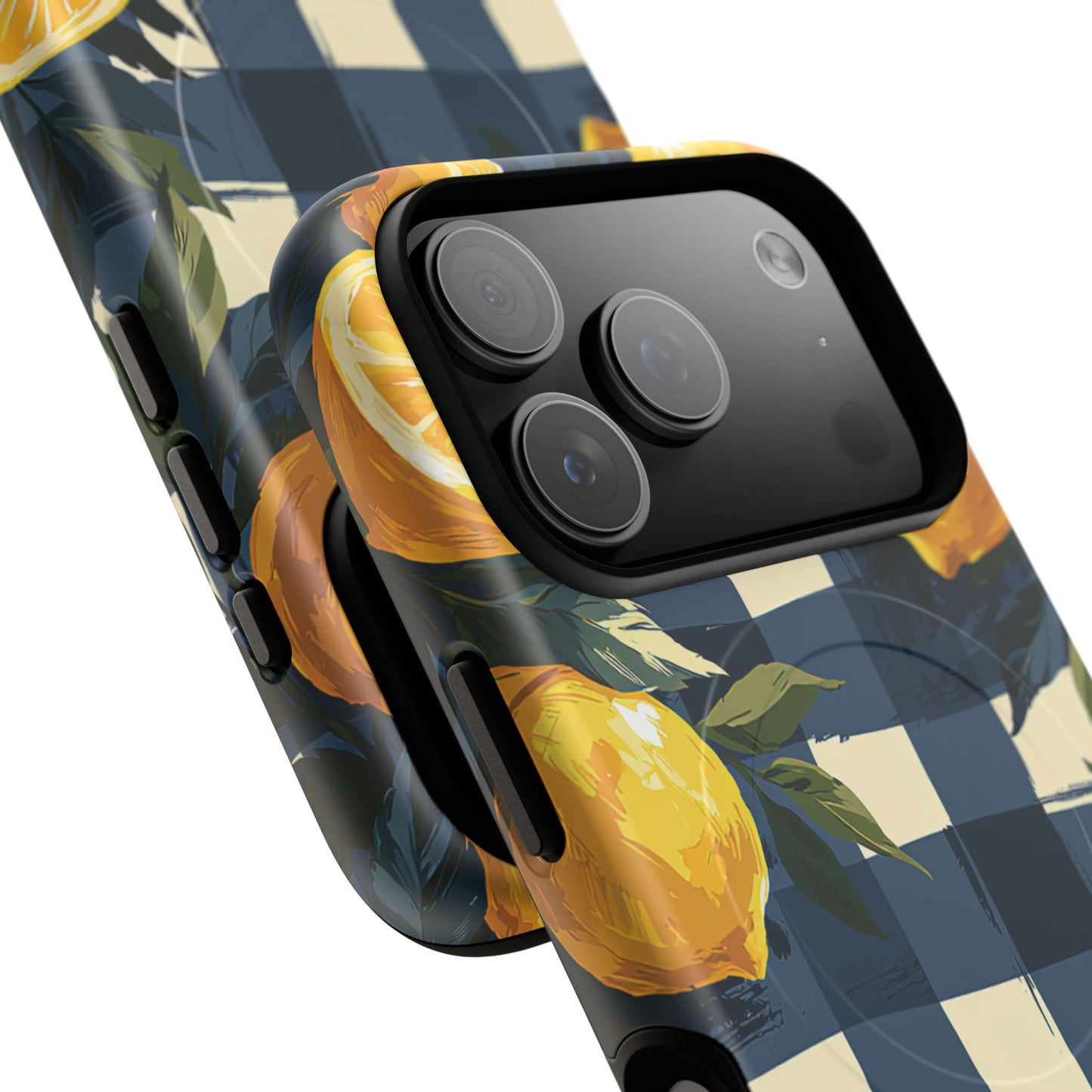 Lemon Check Tough Magnetic Phone Case — Blue Gingham Citrus Design
