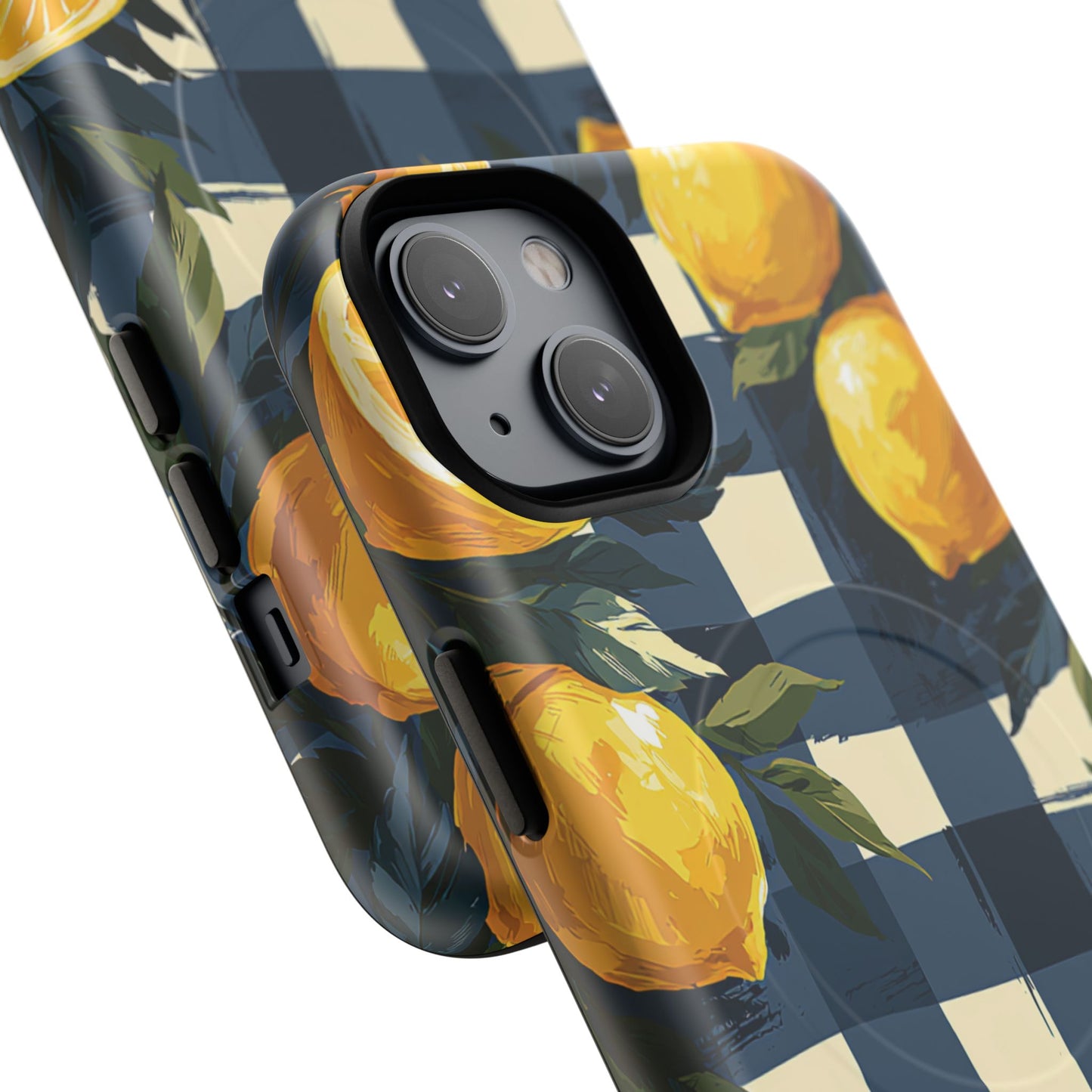 Lemon Check Tough Magnetic Phone Case — Blue Gingham Citrus Design