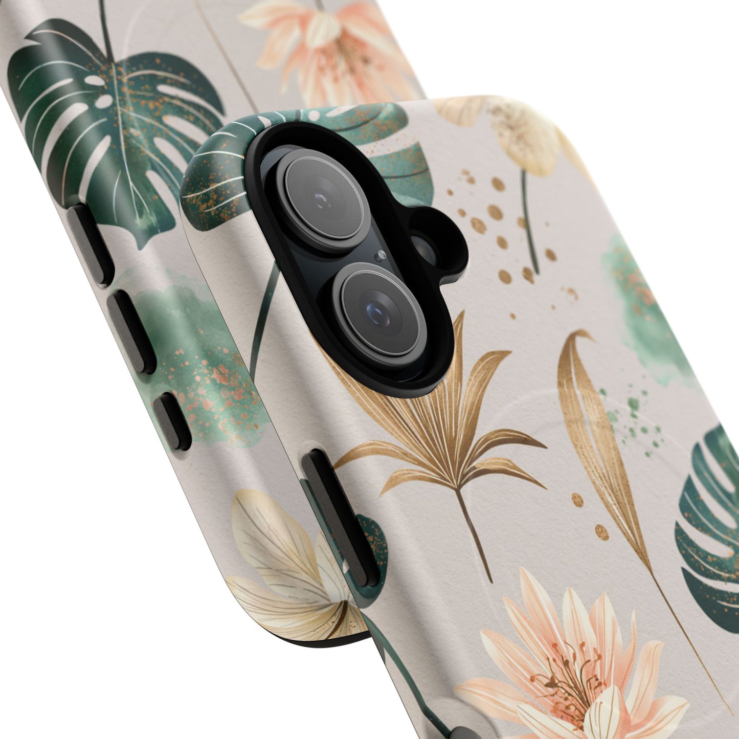 Floral Tropical Tough Magnetic Phone Case — Green Palm & Gold Leaf Design