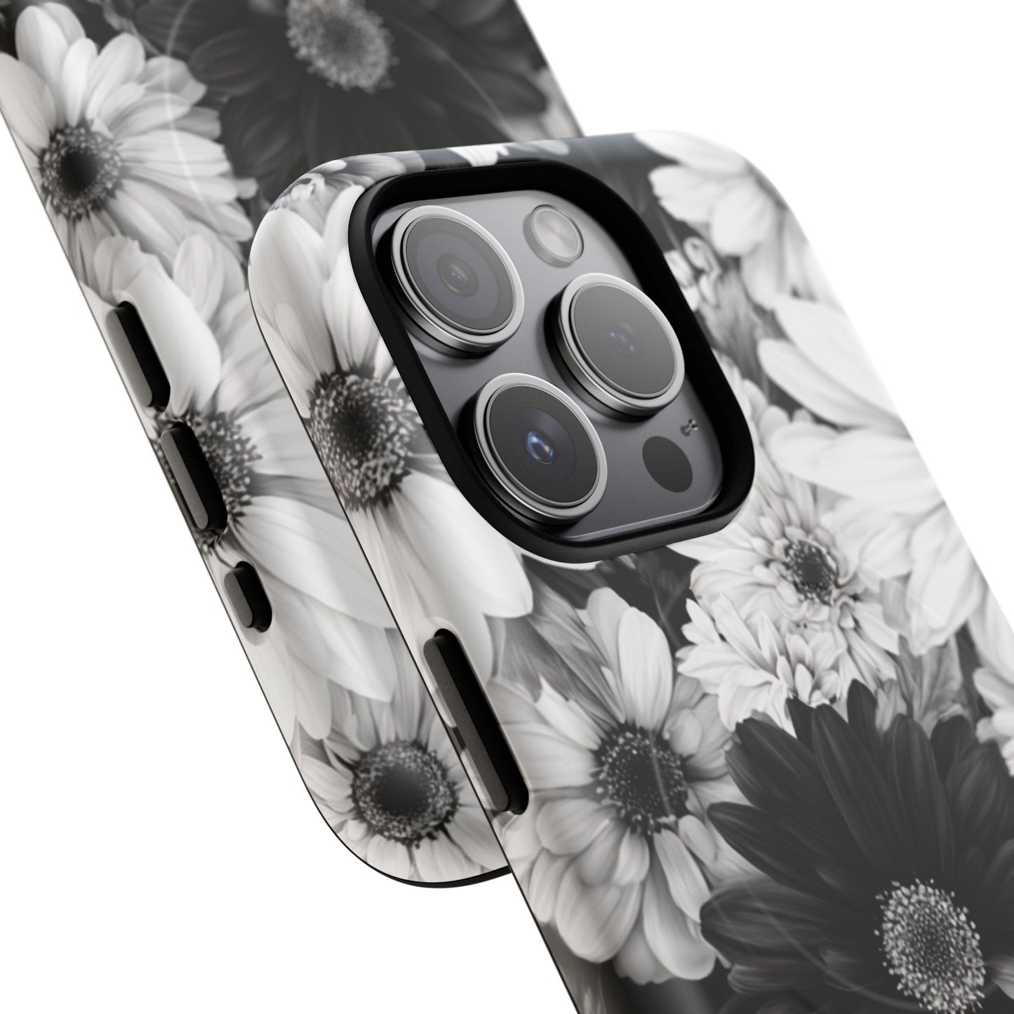 Black & White Floral Tough Magnetic Phone Case — Monochrome Daisy Protection