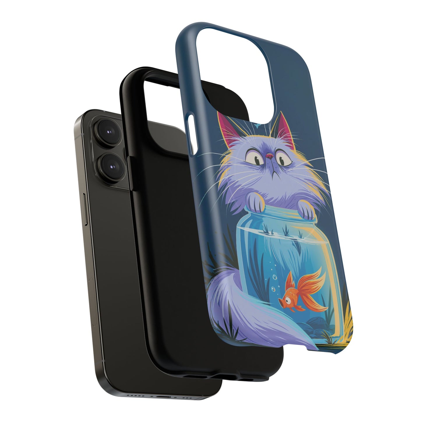 Magnetic Tough Phone Case — Playful Cat & Goldfish Illustration