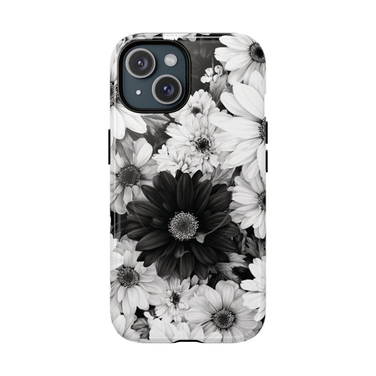 Black & White Floral Tough Magnetic Phone Case — Monochrome Daisy Protection