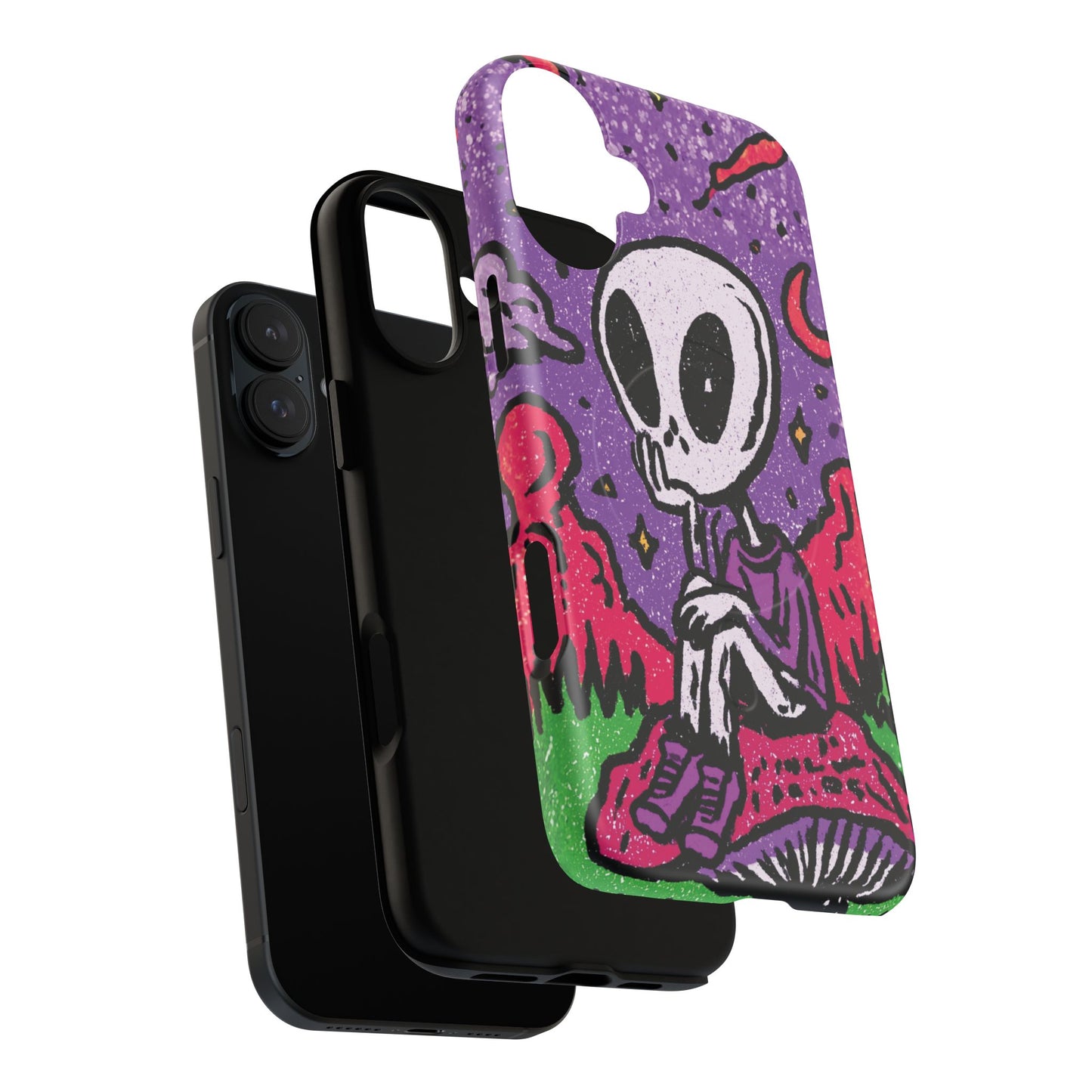 Alien Mushroom Phone Case — Cute Skeletal Space Illustration Tough Magnetic Case