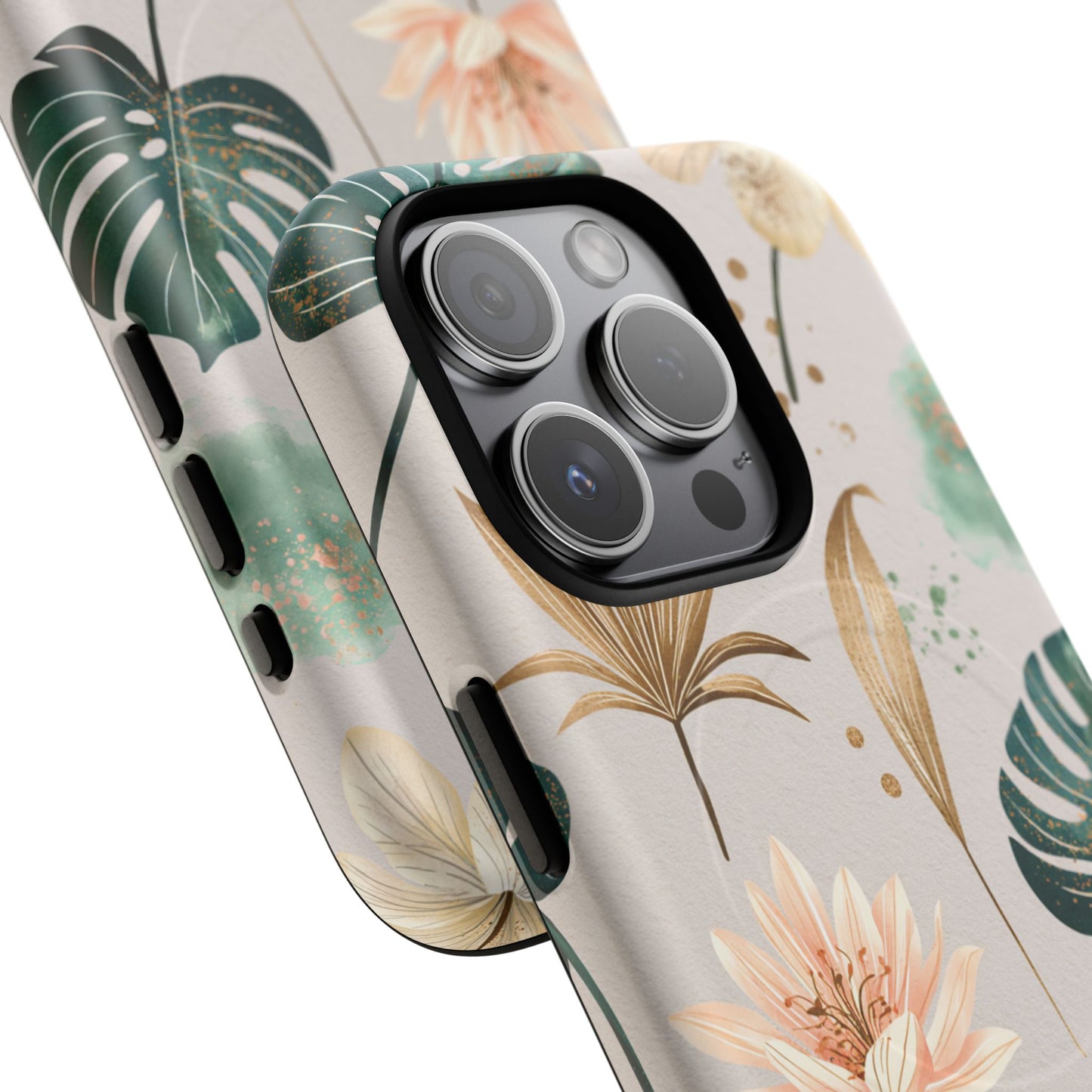 Floral Tropical Tough Magnetic Phone Case — Green Palm & Gold Leaf Design