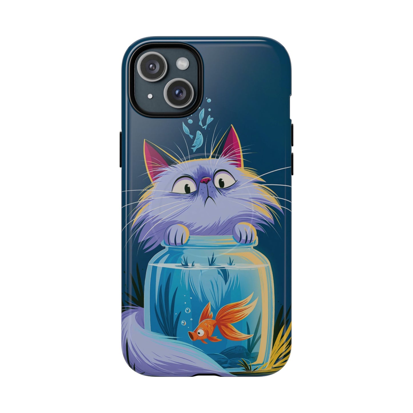 Magnetic Tough Phone Case — Playful Cat & Goldfish Illustration