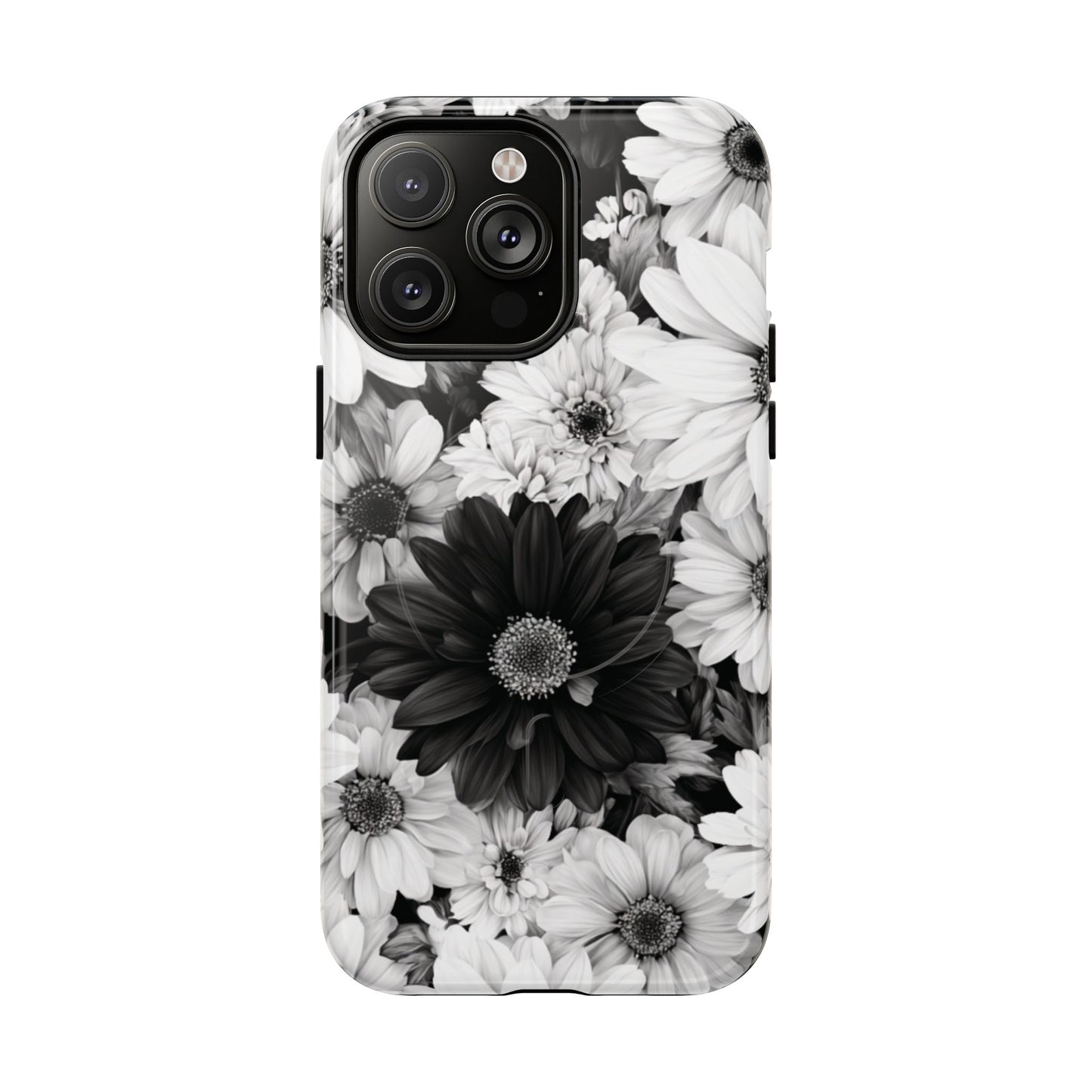 Black & White Floral Tough Magnetic Phone Case — Monochrome Daisy Protection