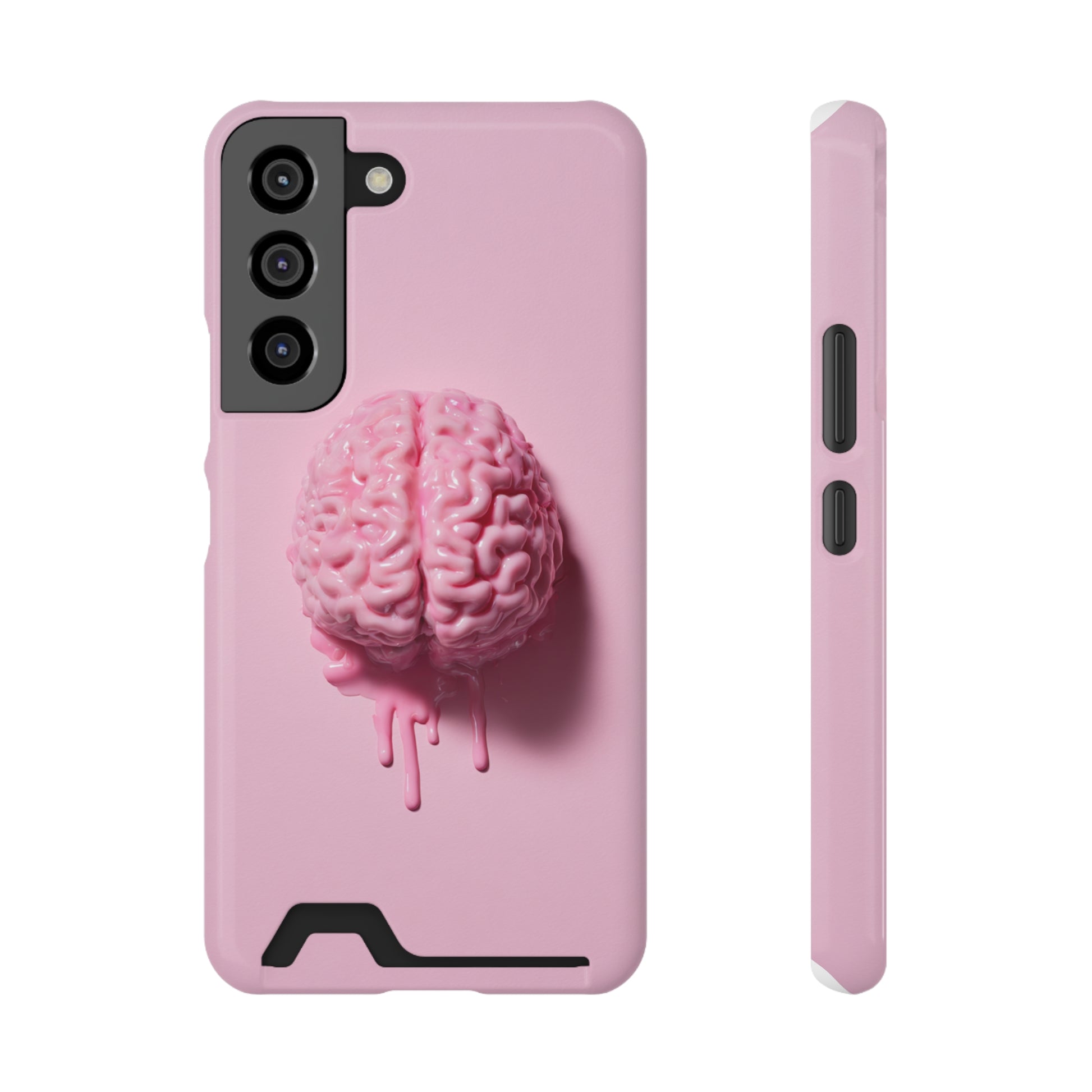 Pink brain design phone case with card holder slot, slim profile on a smartphone
