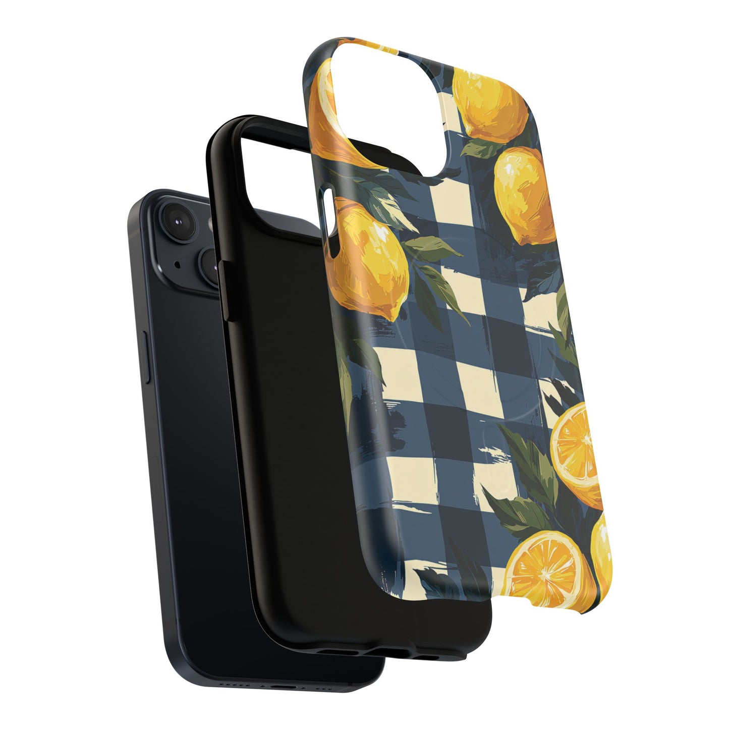 Lemon Check Tough Magnetic Phone Case — Blue Gingham Citrus Design