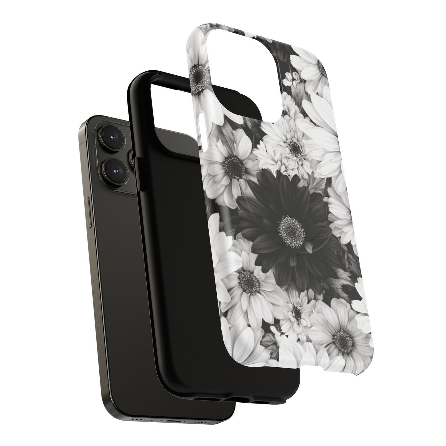 Black & White Floral Tough Magnetic Phone Case — Monochrome Daisy Protection