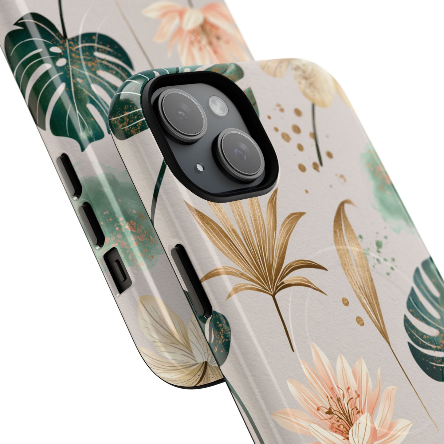 Floral Tropical Tough Magnetic Phone Case — Green Palm & Gold Leaf Design