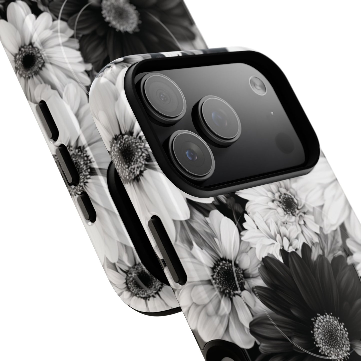 Black & White Floral Tough Magnetic Phone Case — Monochrome Daisy Protection