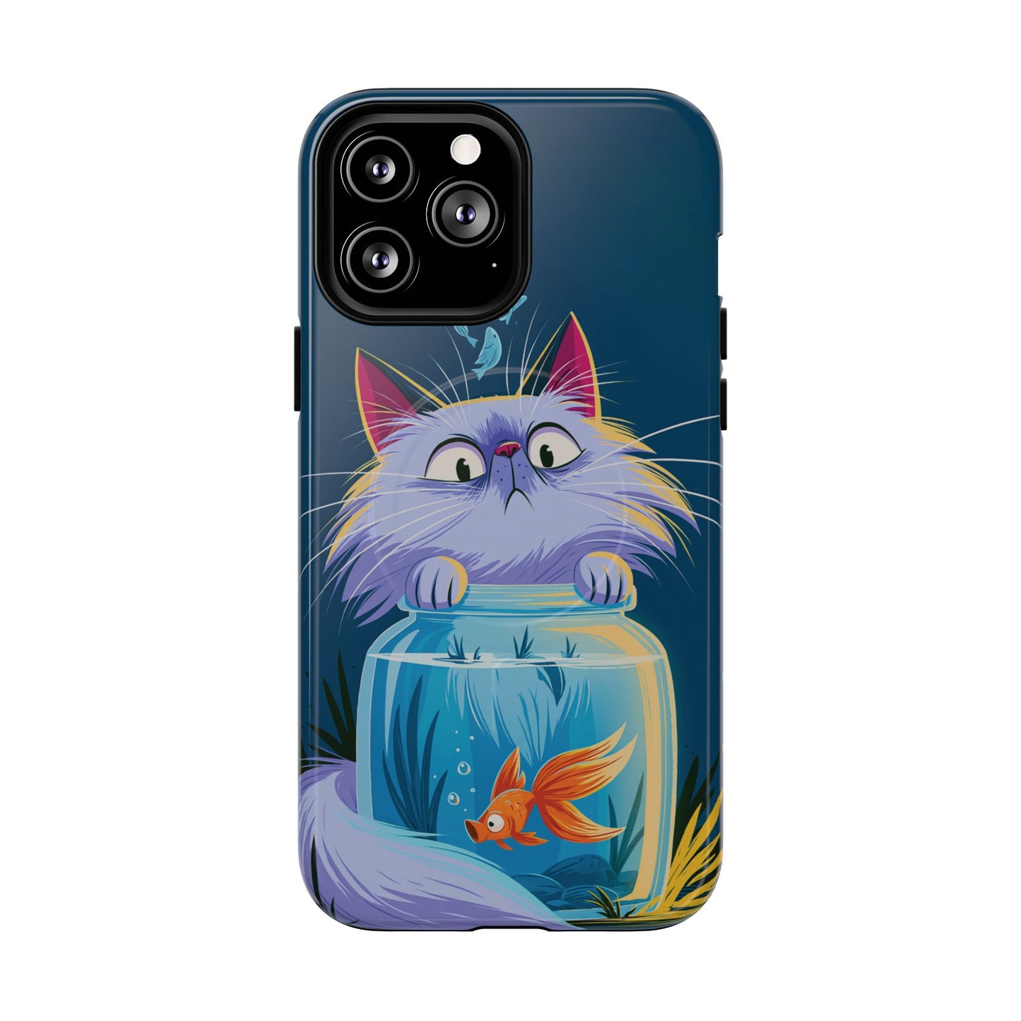 Magnetic Tough Phone Case — Playful Cat & Goldfish Illustration