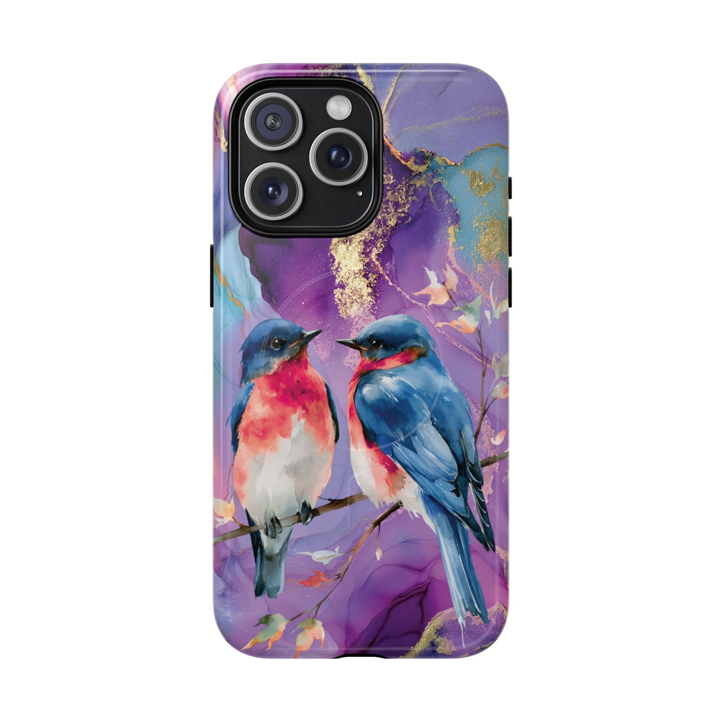 Bird Pair Tough Magnetic Phone Case — Purple Watercolor Floral Design