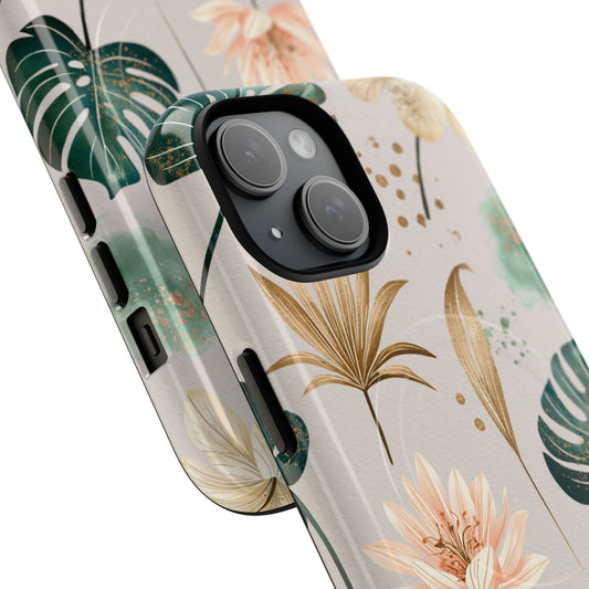 Floral Tropical Tough Magnetic Phone Case — Green Palm & Gold Leaf Design