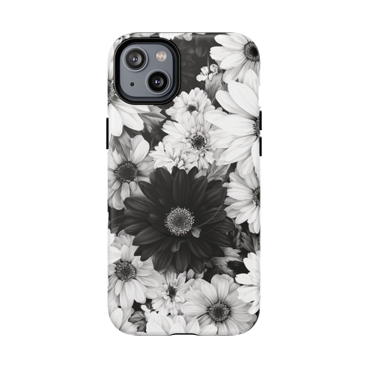 Black & White Floral Tough Magnetic Phone Case — Monochrome Daisy Protection
