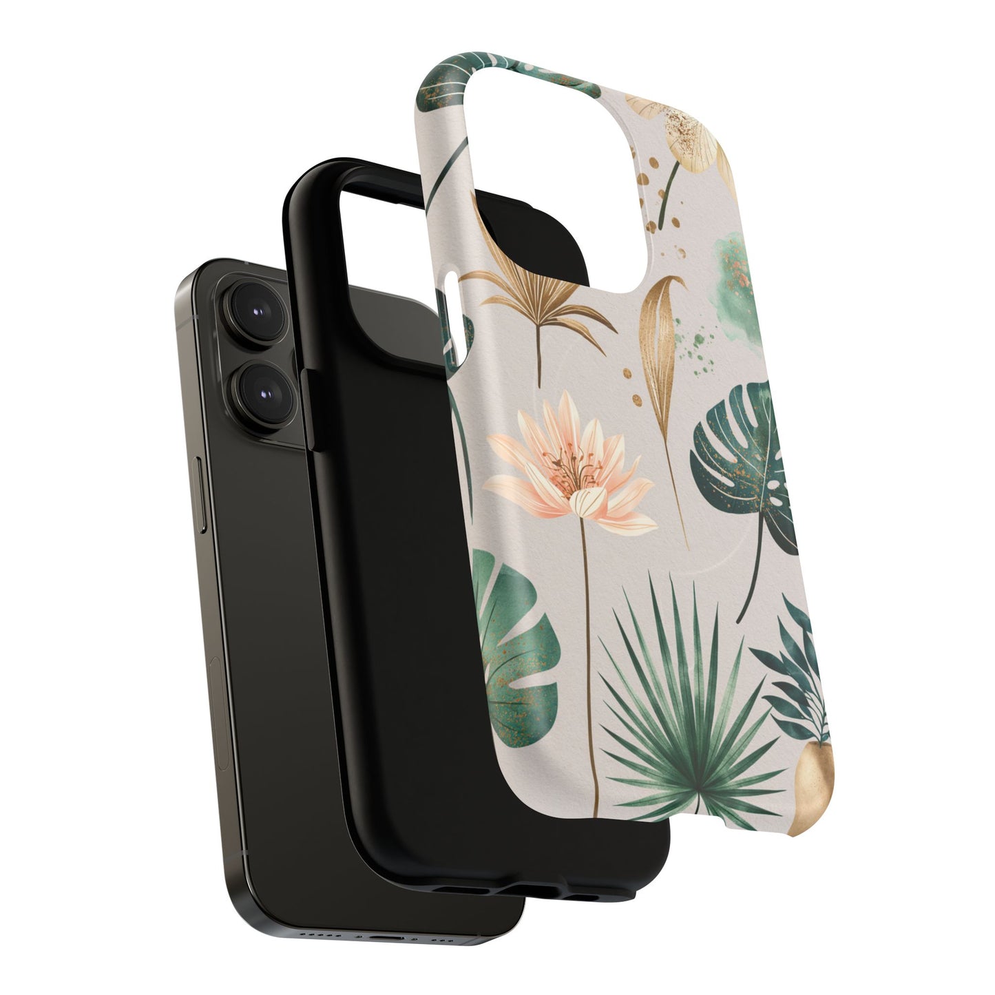 Floral Tropical Tough Magnetic Phone Case — Green Palm & Gold Leaf Design
