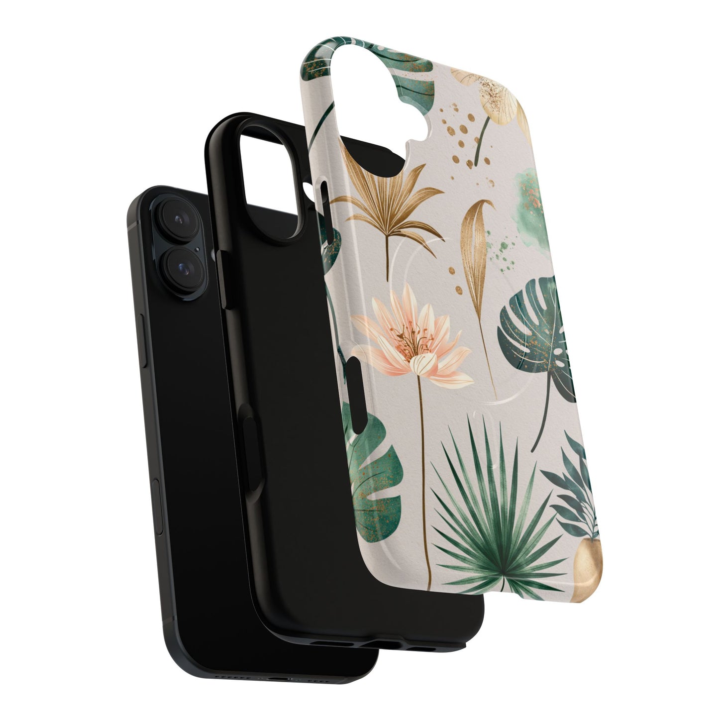 Floral Tropical Tough Magnetic Phone Case — Green Palm & Gold Leaf Design