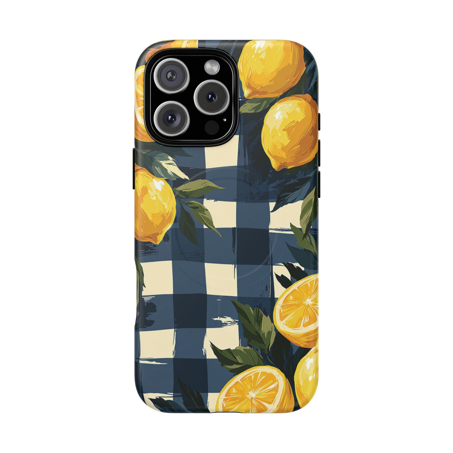 Lemon Check Tough Magnetic Phone Case — Blue Gingham Citrus Design