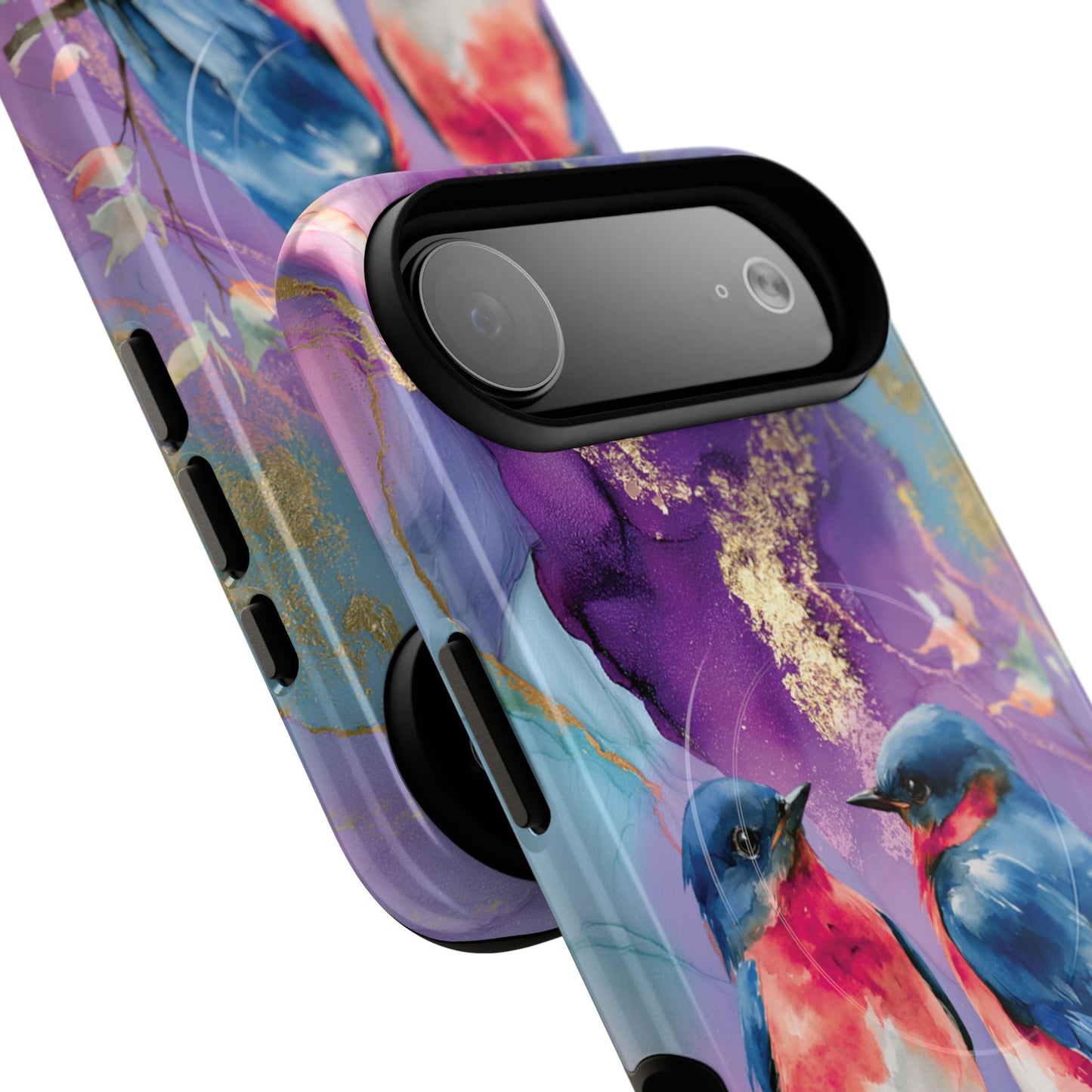 Bird Pair Tough Magnetic Phone Case — Purple Watercolor Floral Design