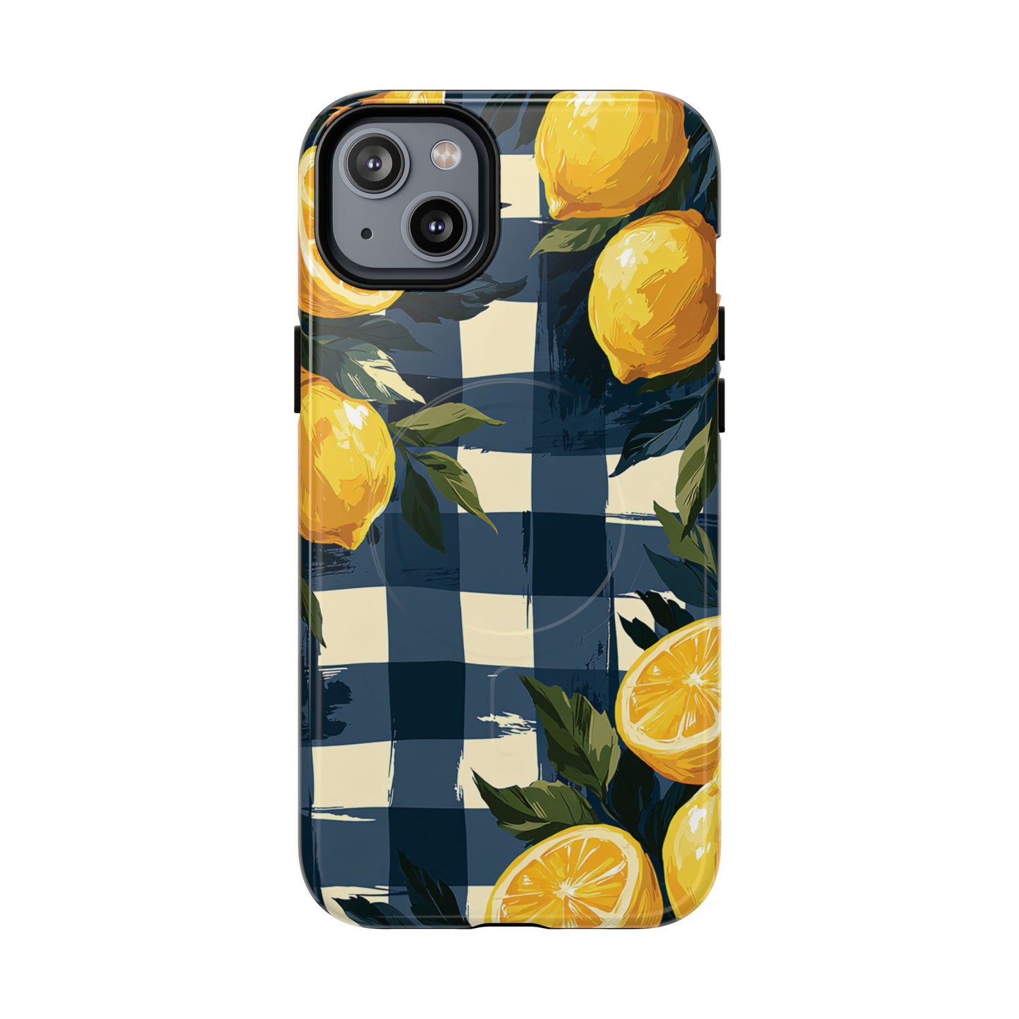 Lemon Check Tough Magnetic Phone Case — Blue Gingham Citrus Design