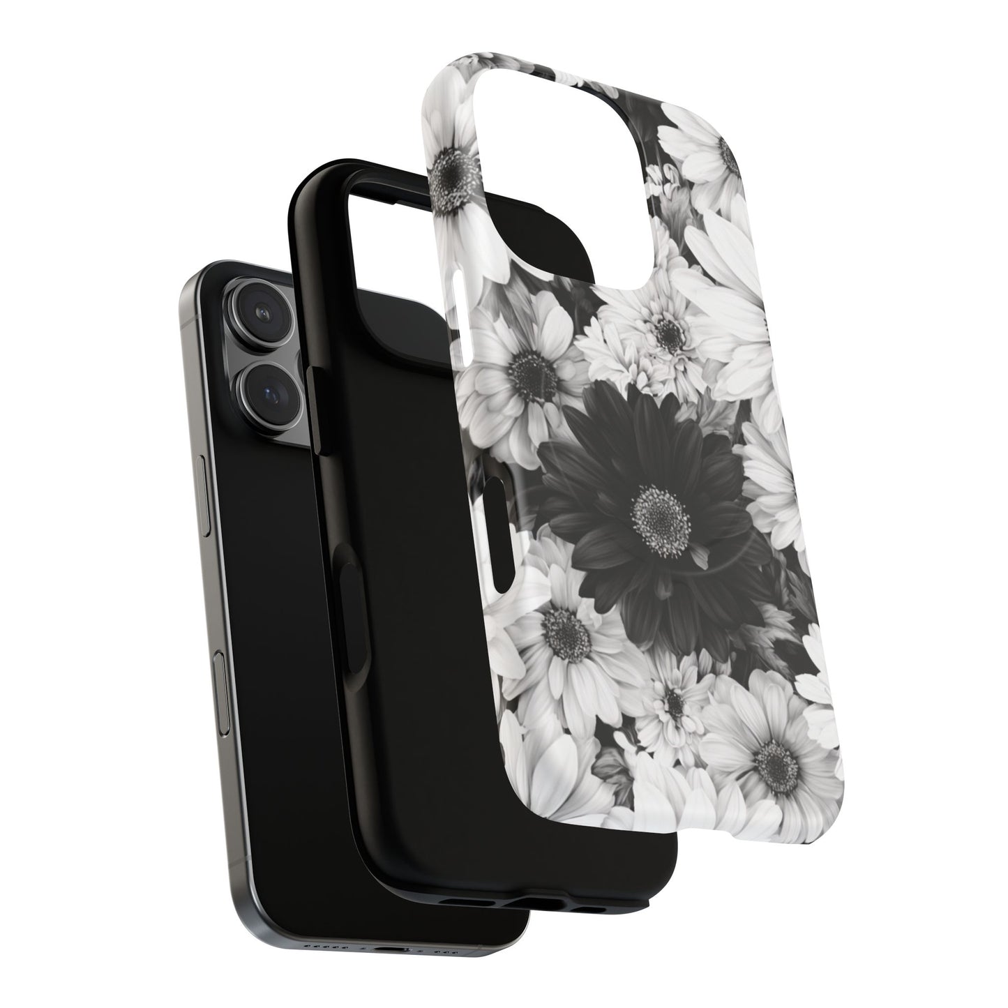 Black & White Floral Tough Magnetic Phone Case — Monochrome Daisy Protection