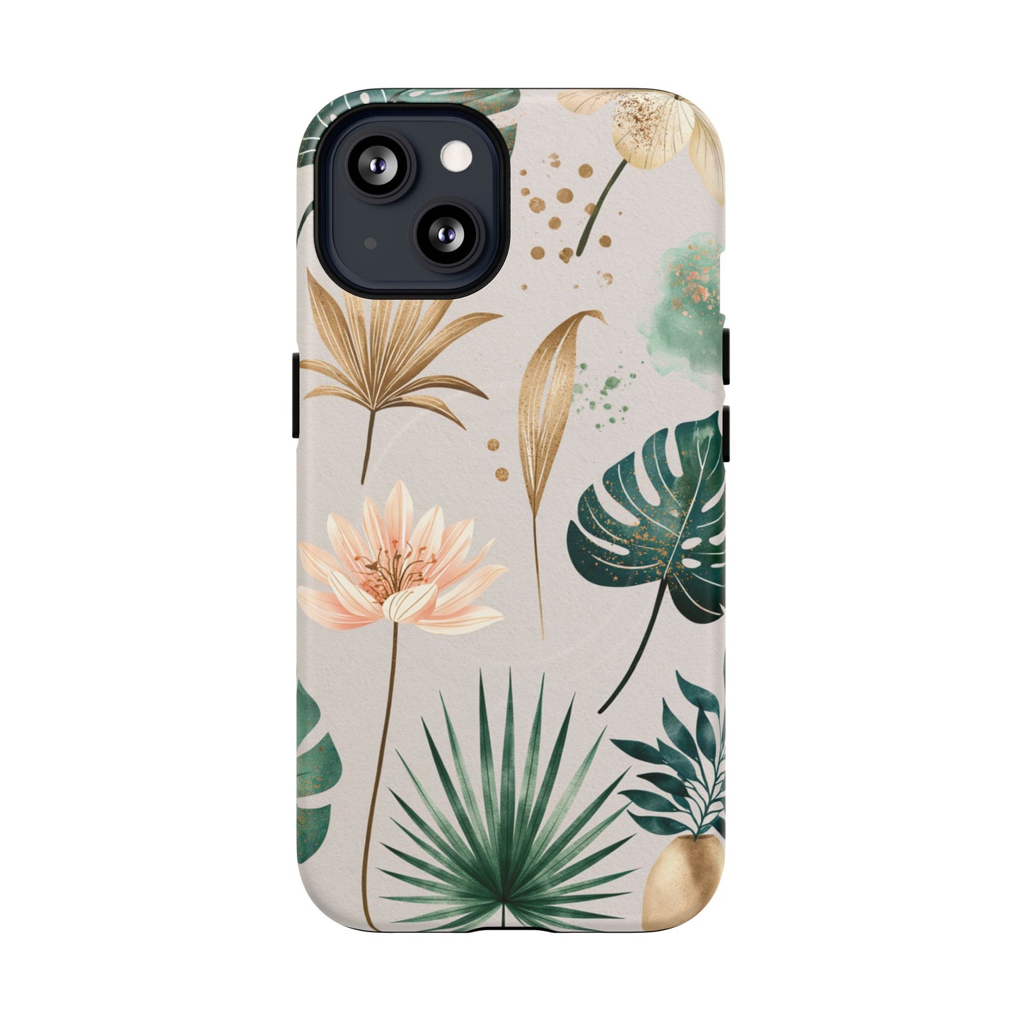 Floral Tropical Tough Magnetic Phone Case — Green Palm & Gold Leaf Design