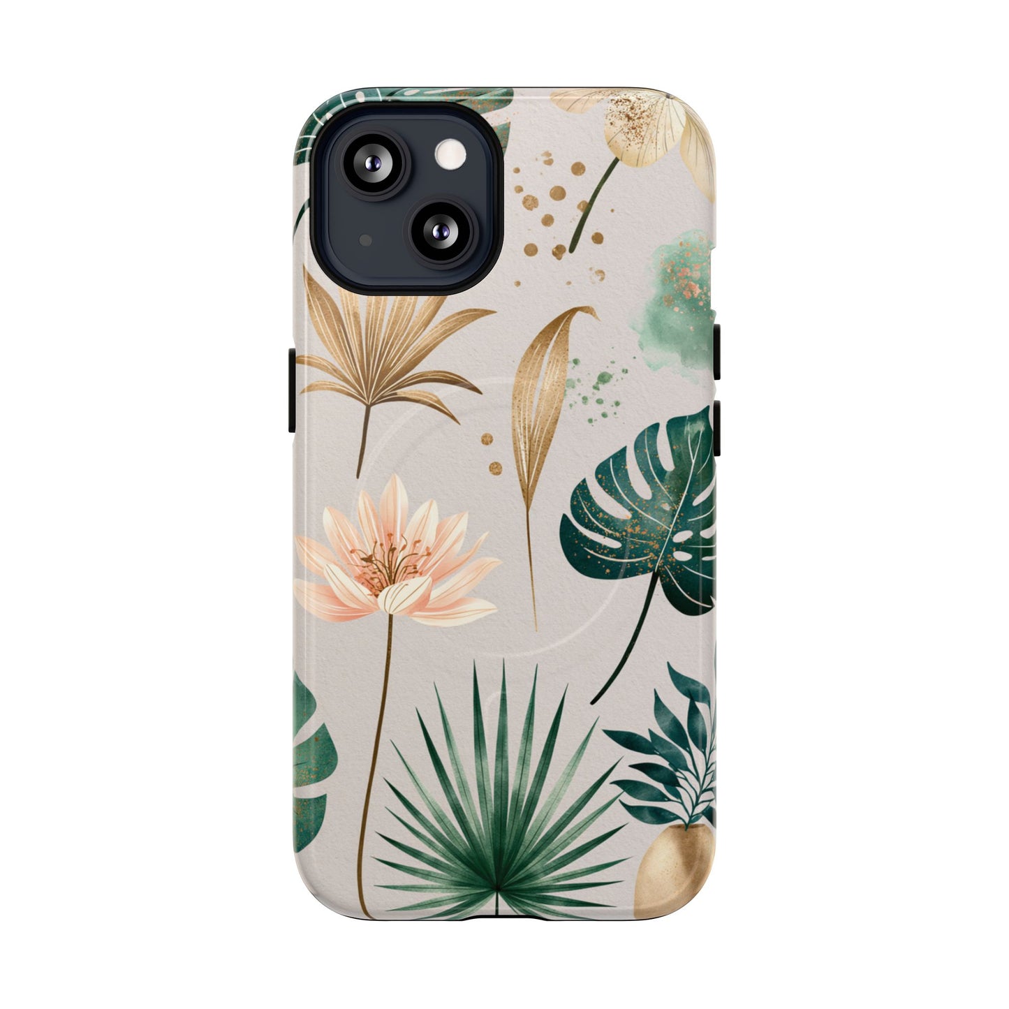 Floral Tropical Tough Magnetic Phone Case — Green Palm & Gold Leaf Design