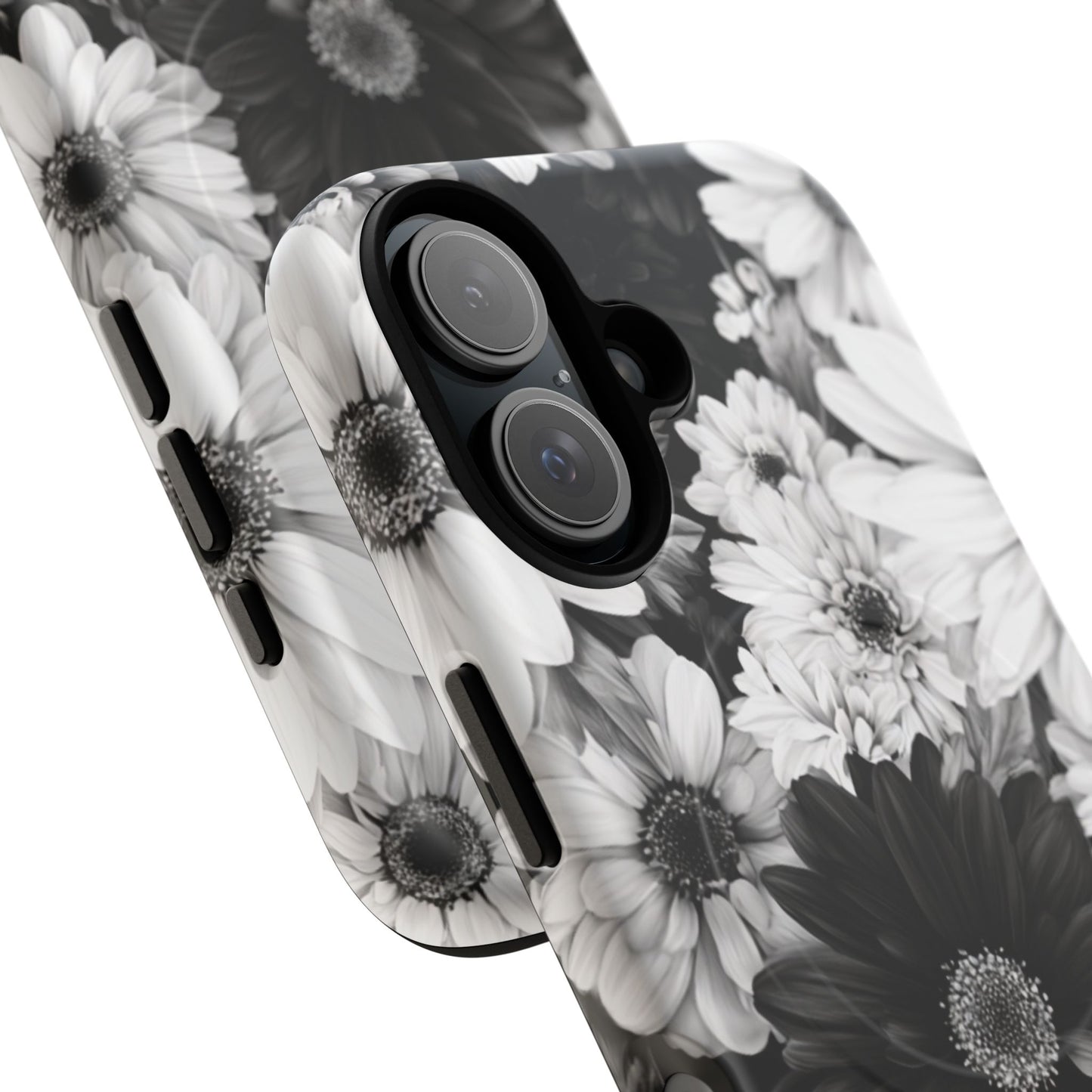 Black & White Floral Tough Magnetic Phone Case — Monochrome Daisy Protection