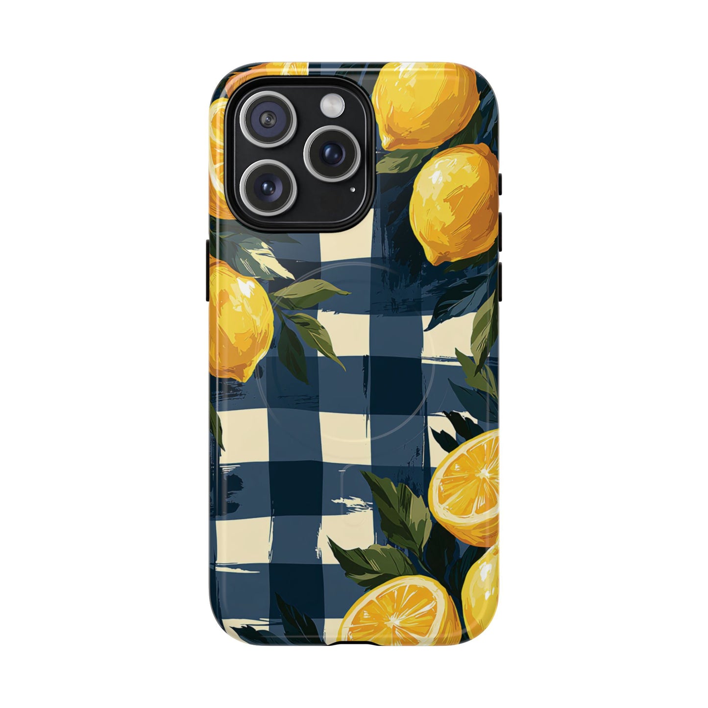 Lemon Check Tough Magnetic Phone Case — Blue Gingham Citrus Design