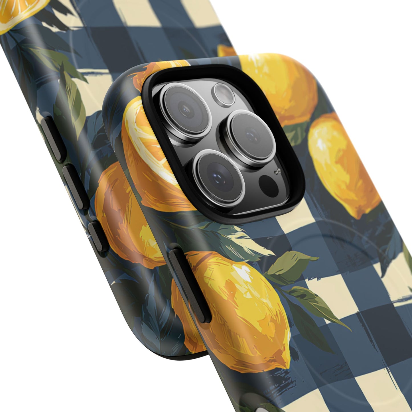 Lemon Check Tough Magnetic Phone Case — Blue Gingham Citrus Design