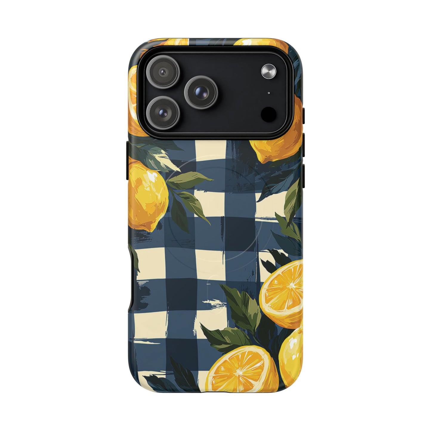 Lemon Check Tough Magnetic Phone Case — Blue Gingham Citrus Design