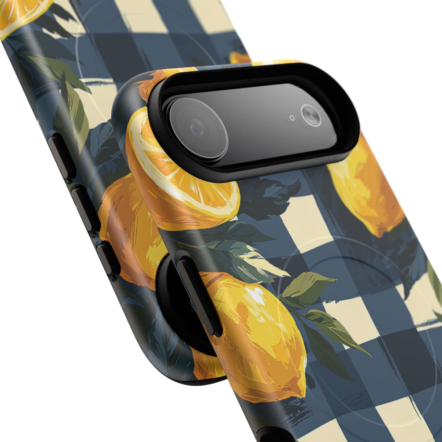 Lemon Check Tough Magnetic Phone Case — Blue Gingham Citrus Design