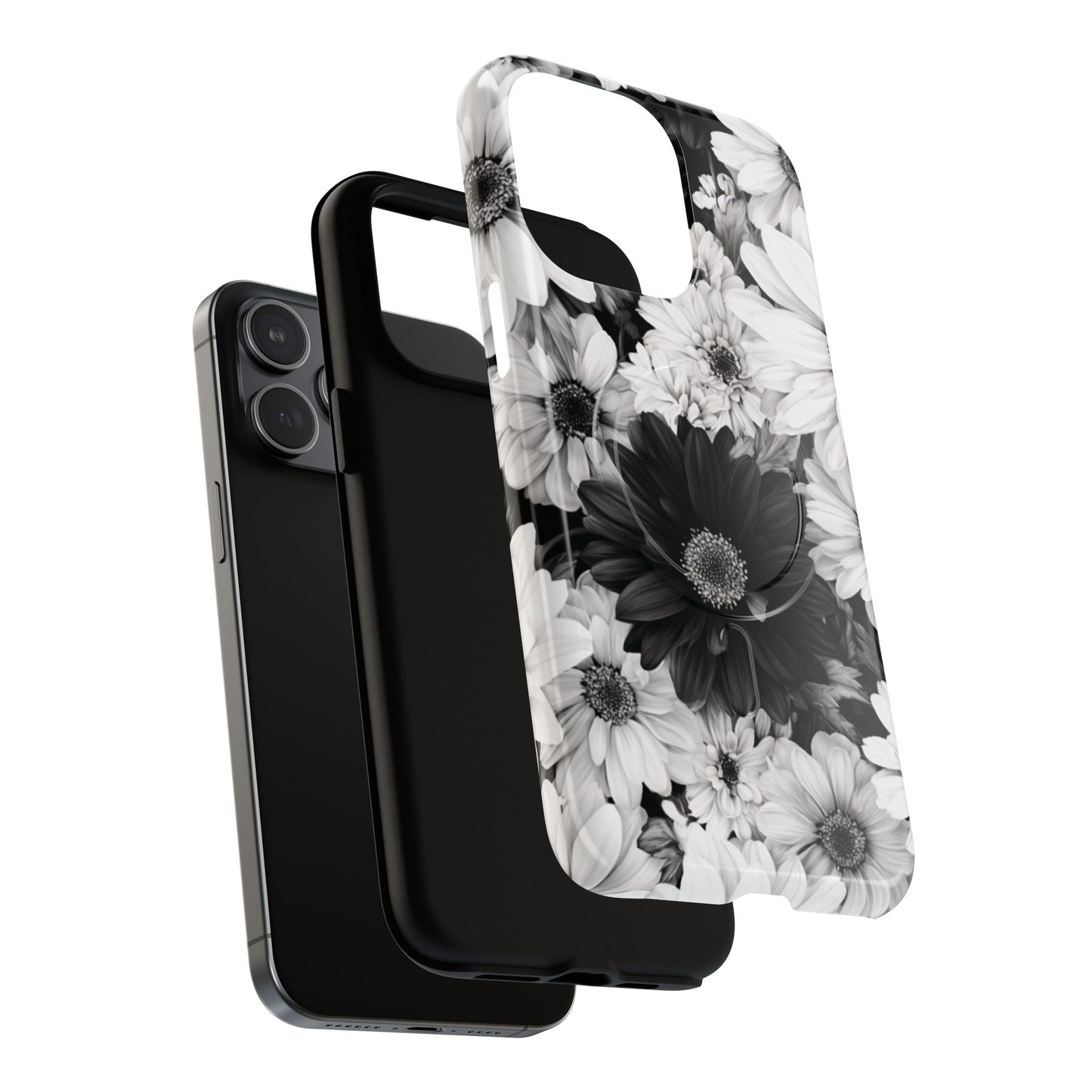 Black & White Floral Tough Magnetic Phone Case — Monochrome Daisy Protection
