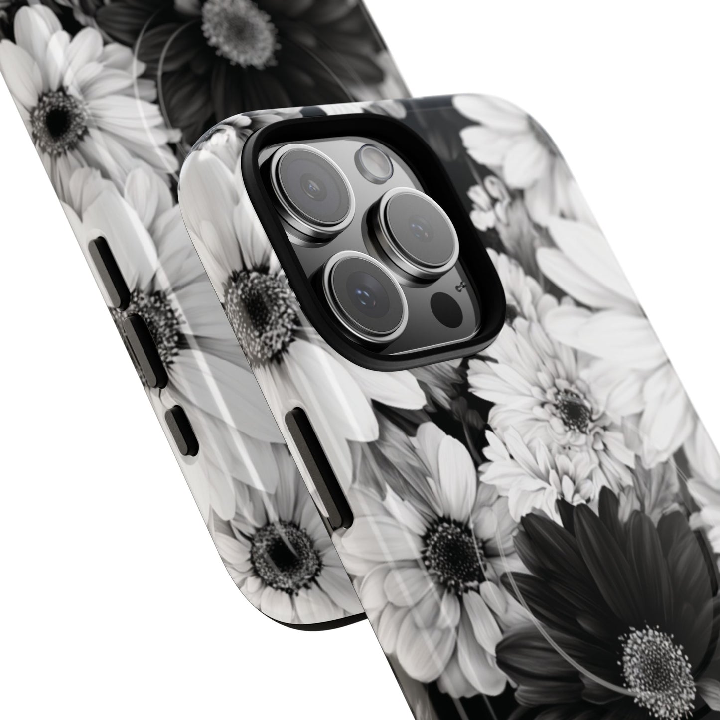 Black & White Floral Tough Magnetic Phone Case — Monochrome Daisy Protection