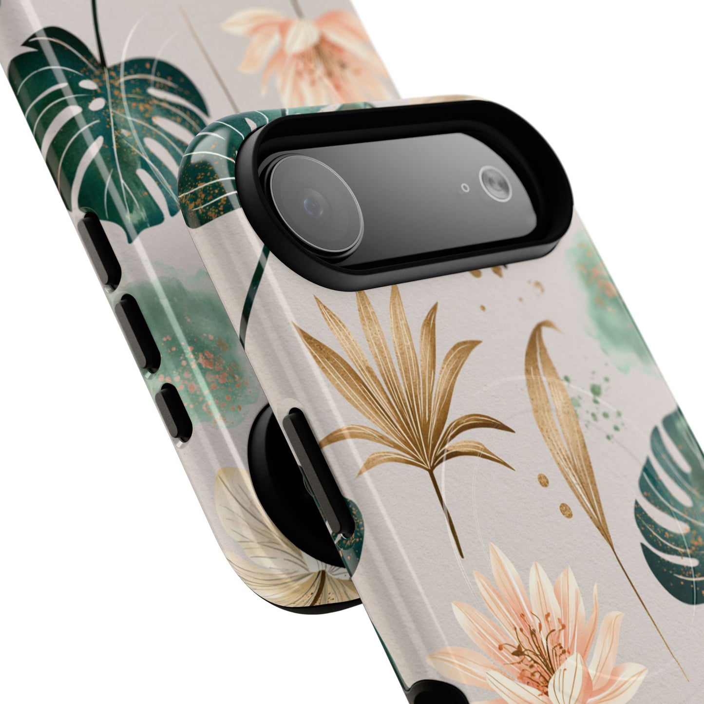 Floral Tropical Tough Magnetic Phone Case — Green Palm & Gold Leaf Design